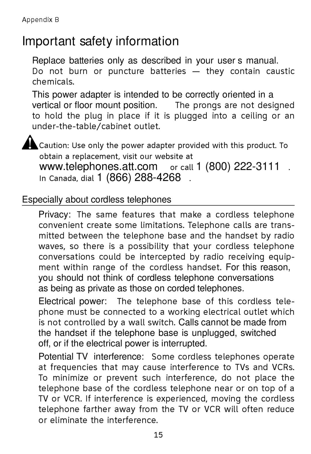 AT&T TL76108 user manual Important safety information 