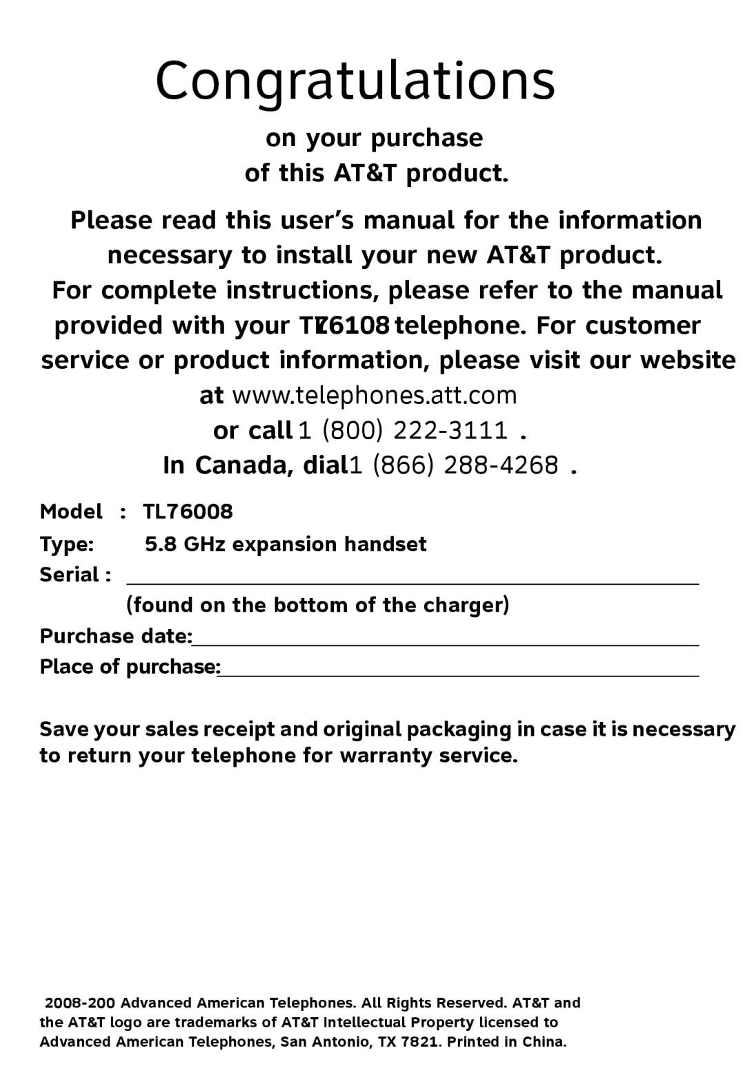 AT&T TL76108 user manual Congratulations 