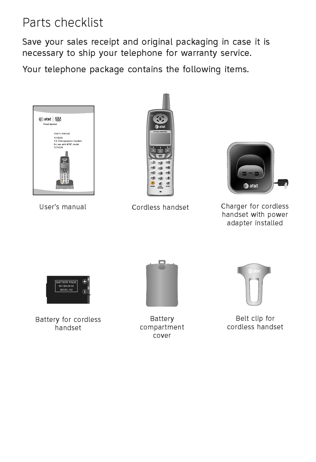 AT&T TL76108 user manual Parts checklist 