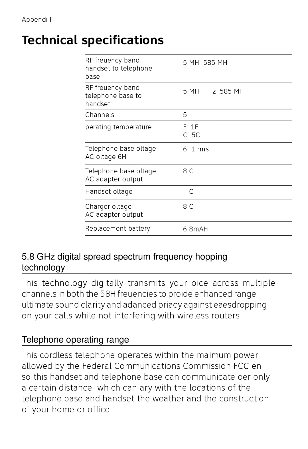 AT&T TL76108 Technical specifications, GHz digital spread spectrum frequency hopping technology, Telephone operating range 