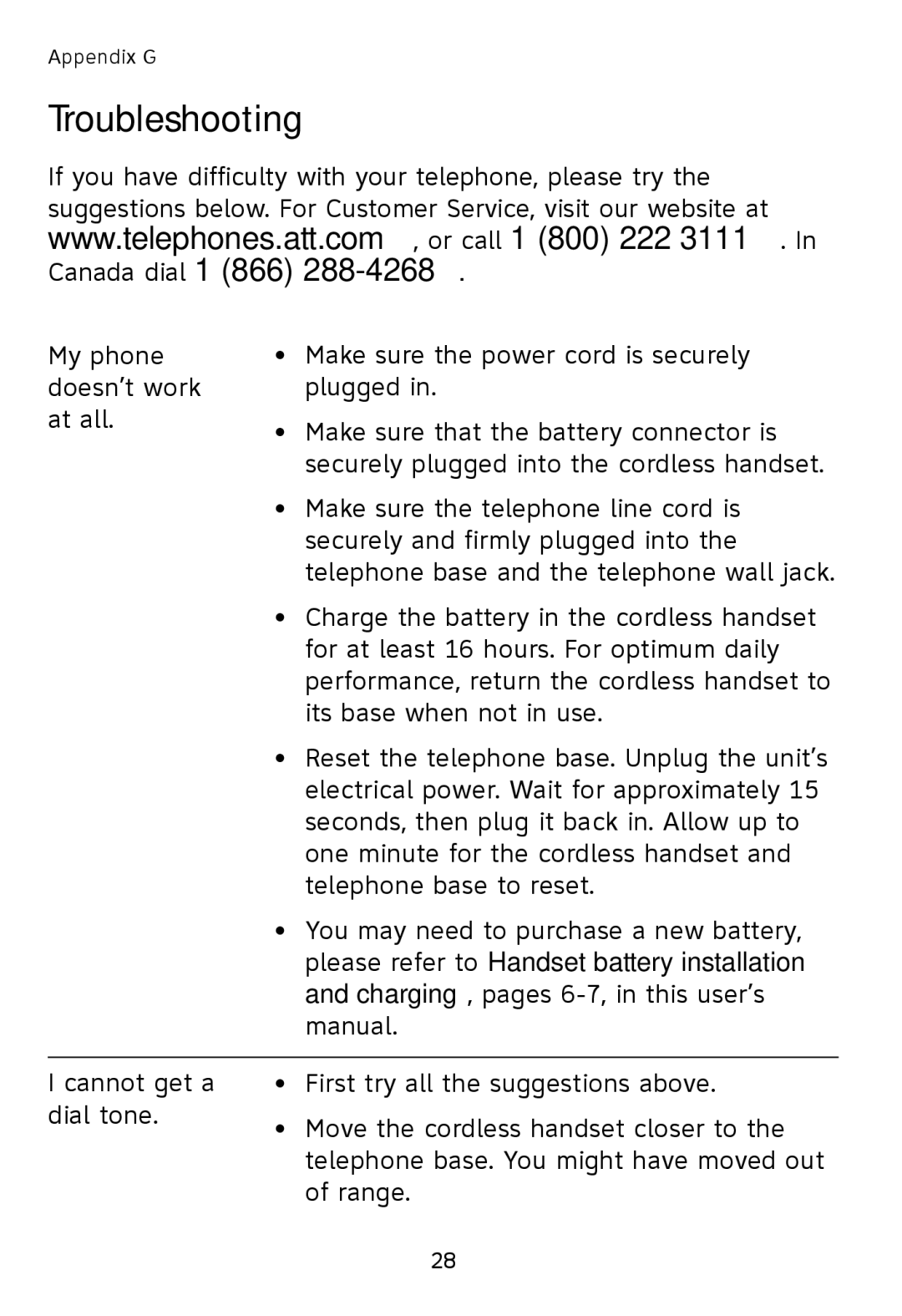 AT&T TL76108 user manual Troubleshooting, Please refer to Handset battery installation 