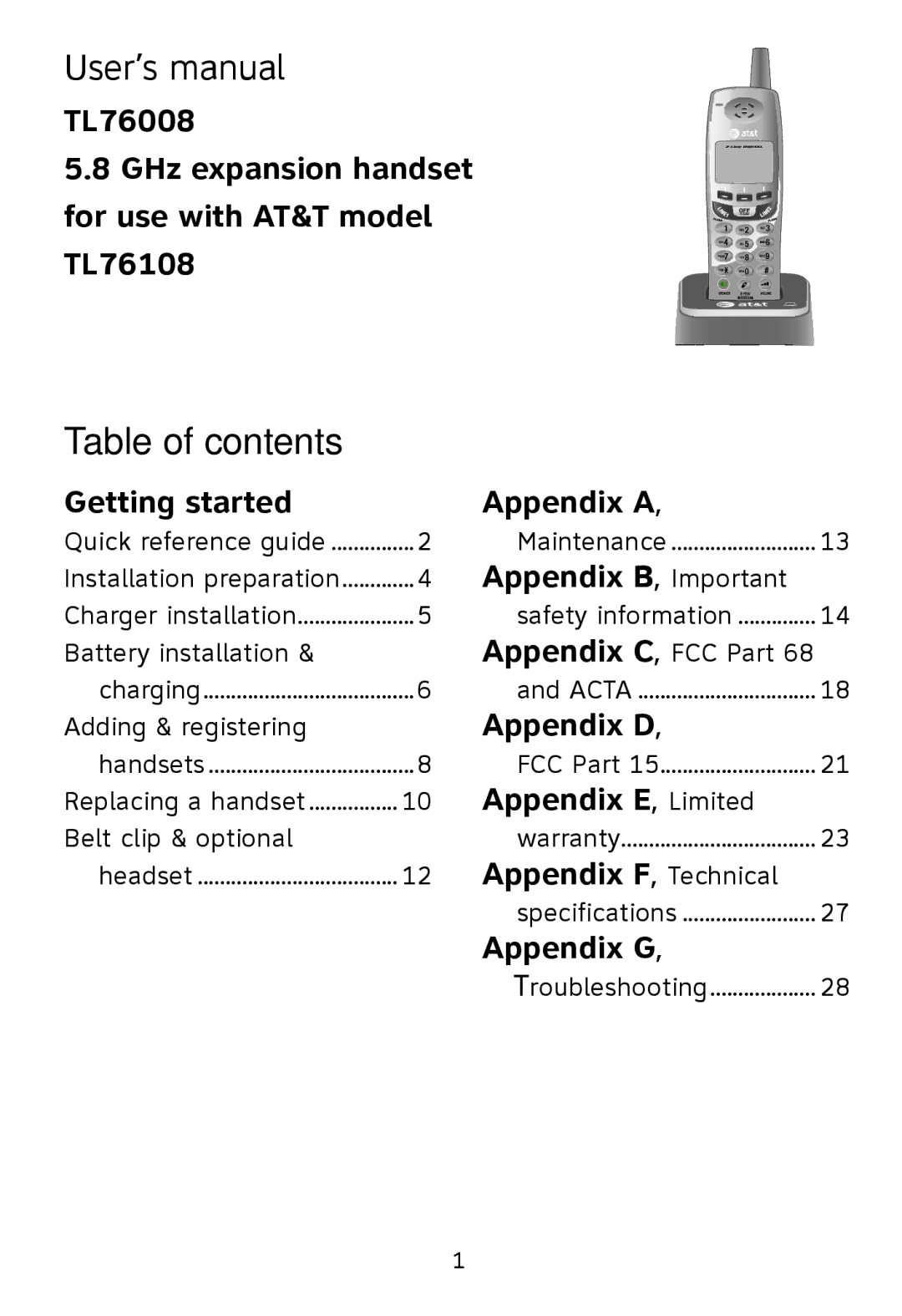 AT&T TL76108 user manual User’s manual, Table of contents 