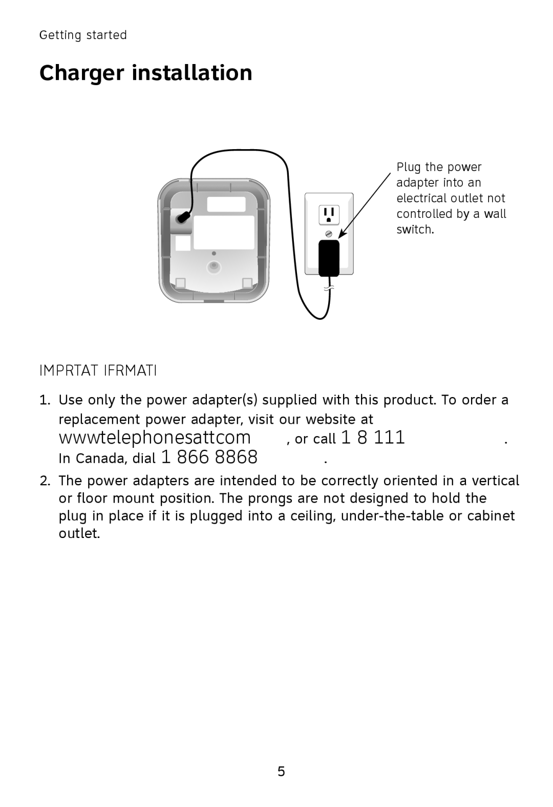 AT&T TL76108 user manual Charger installation, Important Information 