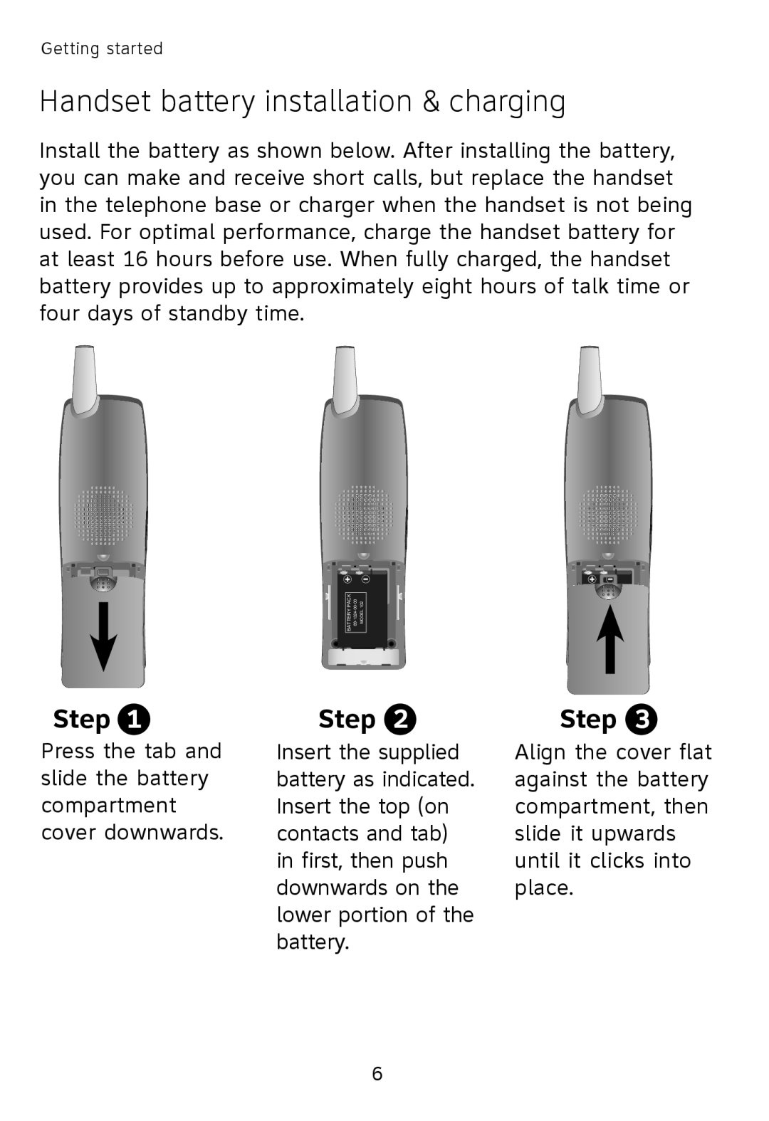 AT&T TL76108 user manual Handset battery installation & charging, Step 