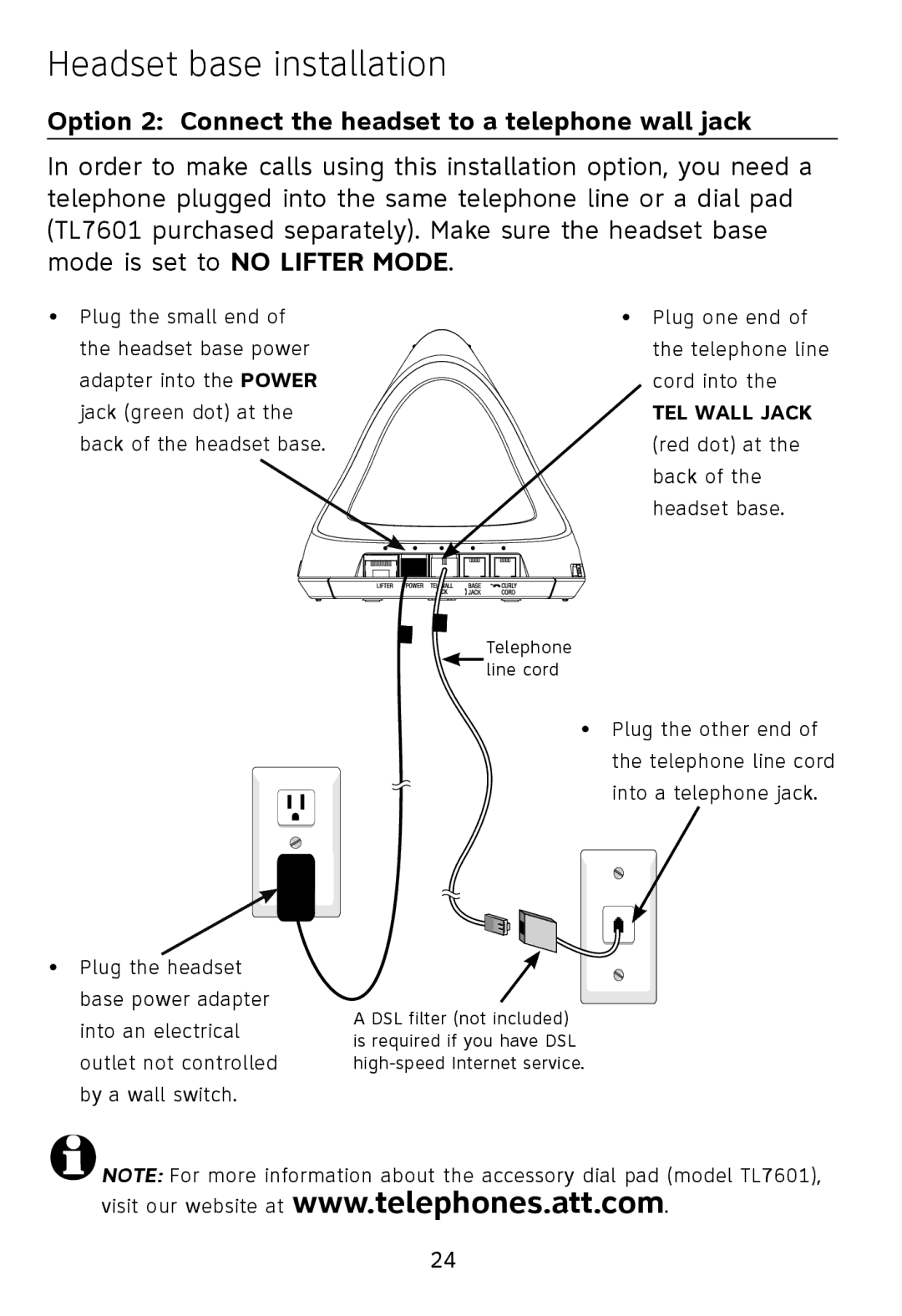 AT&T TL7612 quick start Headset base installation, Option 2 Connect the headset to a telephone wall jack 