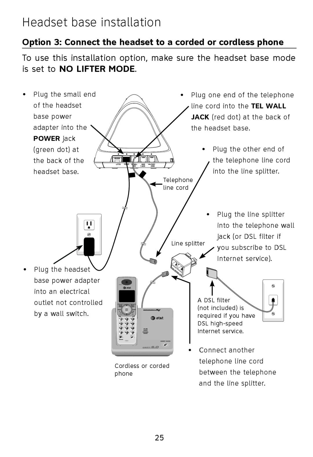 AT&T TL7612 quick start Option 3 Connect the headset to a corded or cordless phone 