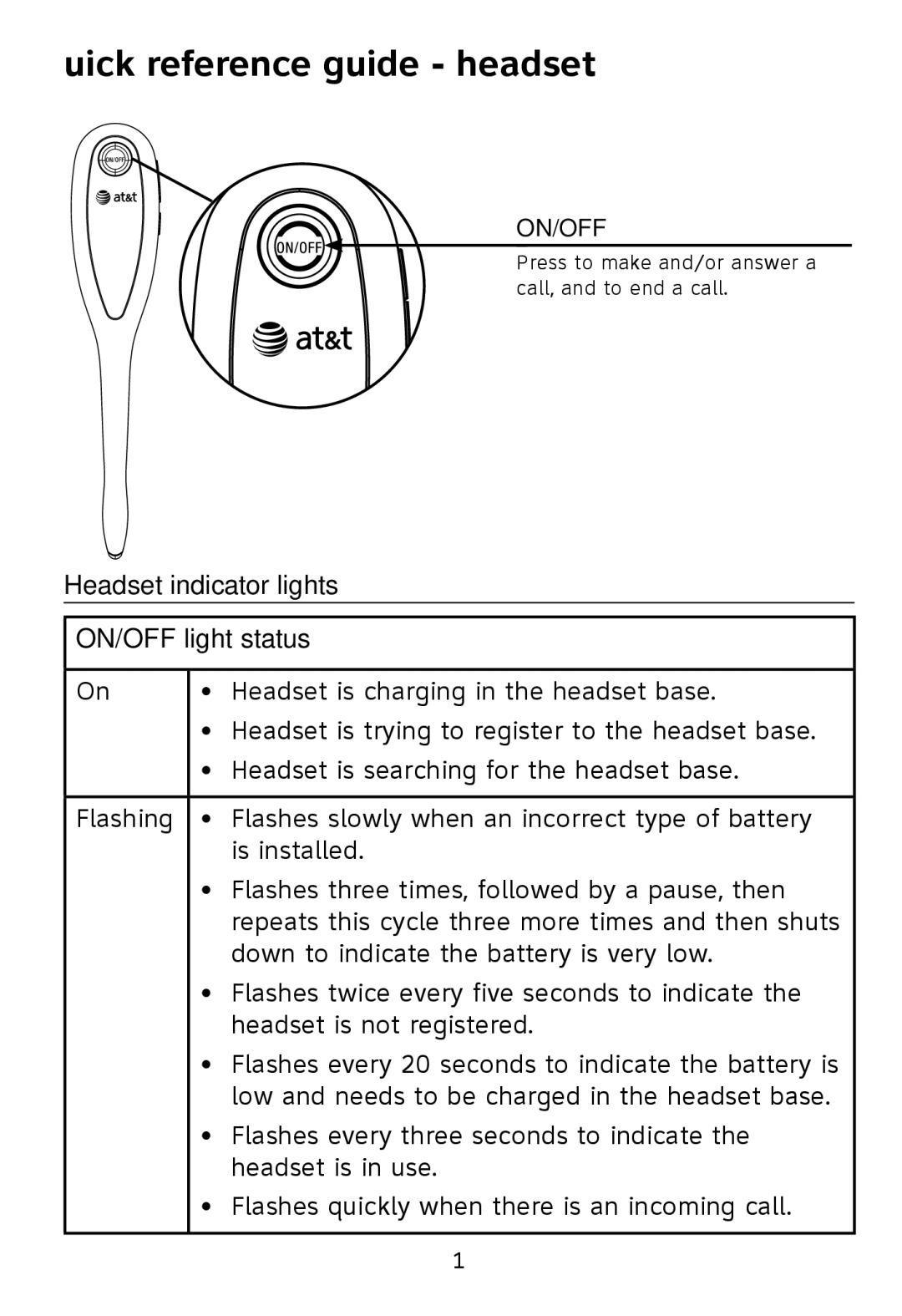 AT&T TL7612 quick start Quick reference guide headset, Headset indicator lights ON/OFF light status 