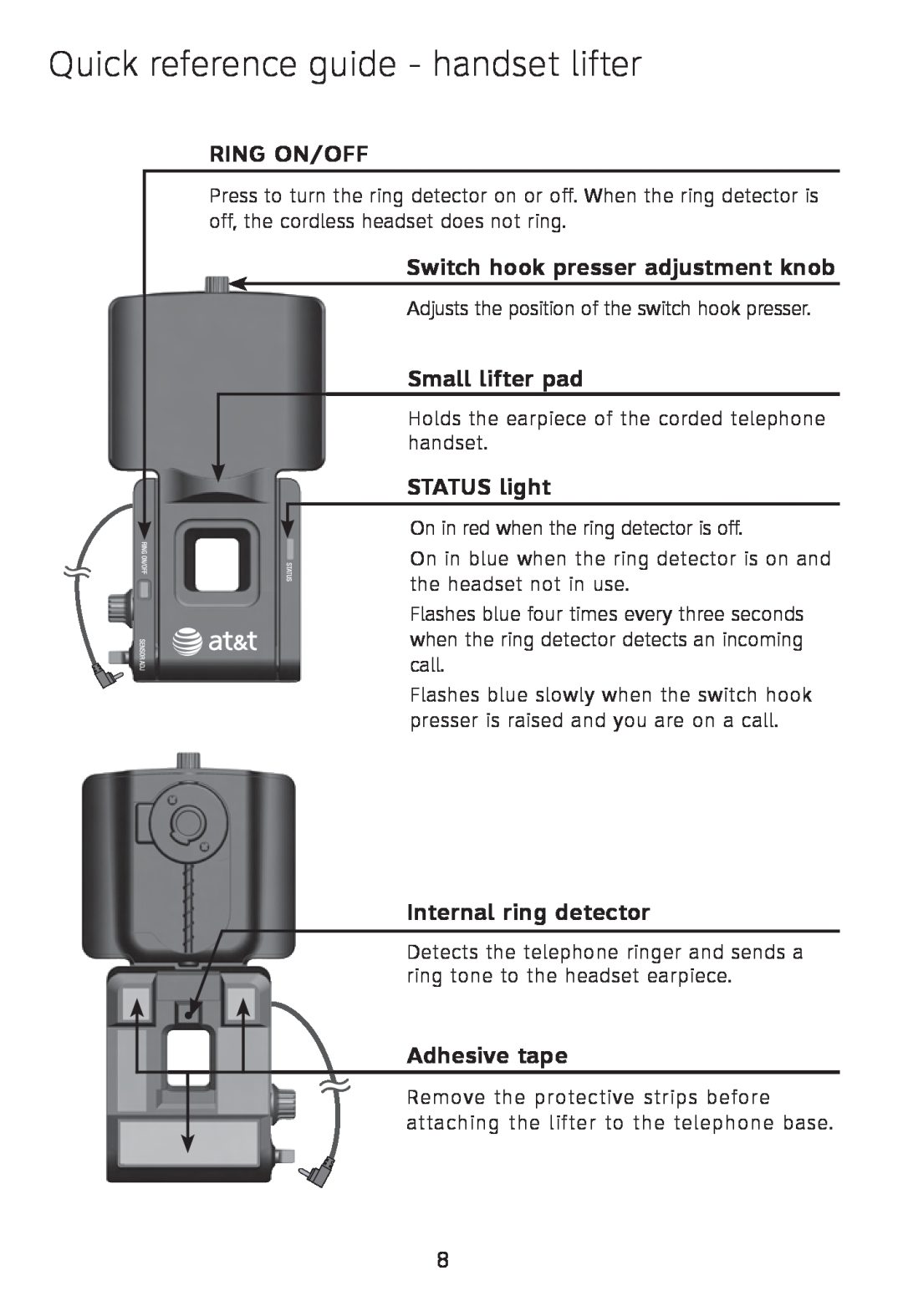 AT&T TL7612 Quick reference guide - handset lifter, Ring On/Off, Switch hook presser adjustment knob, Small lifter pad 