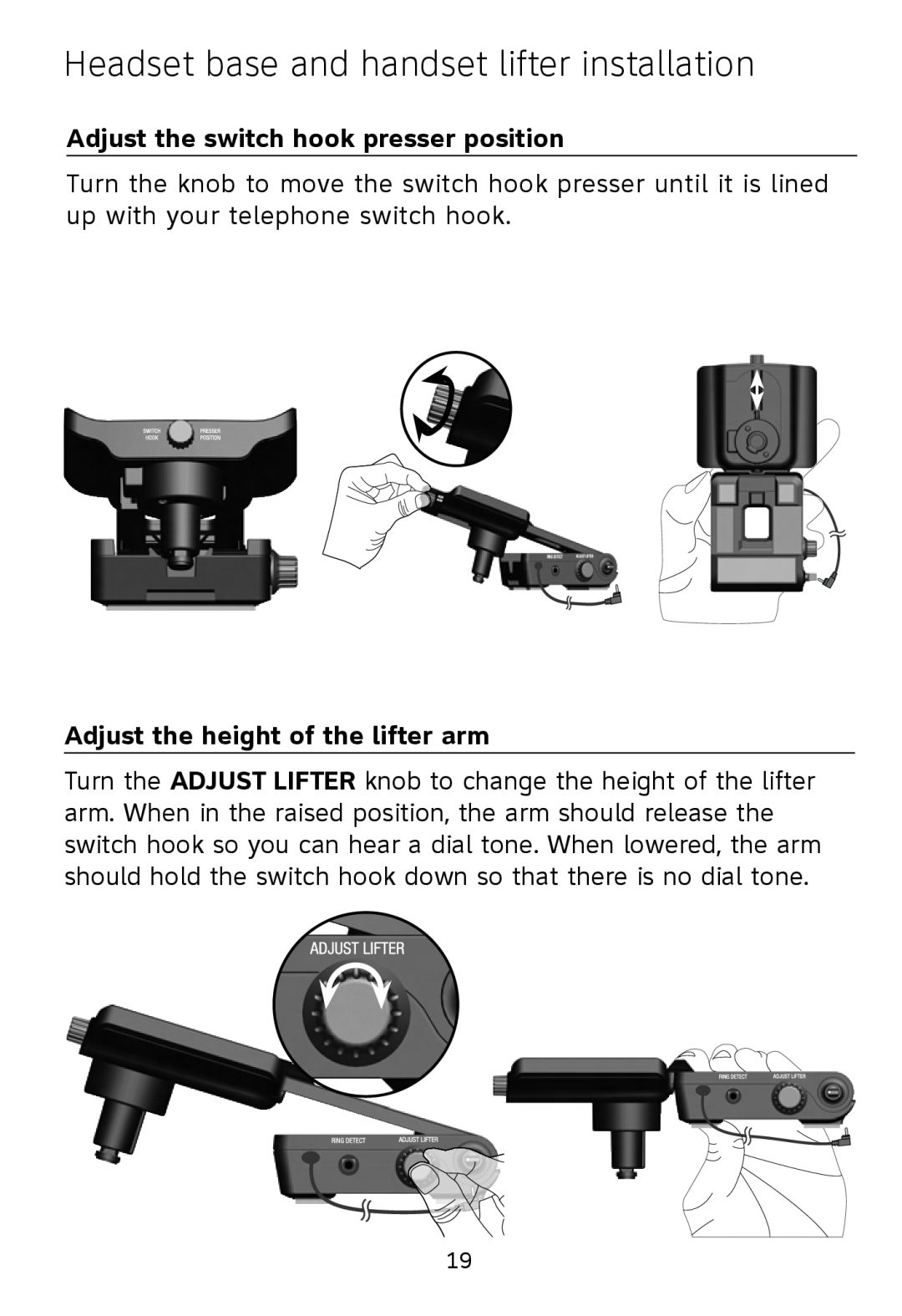 AT&T TL7612 quick start Adjust the switch hook presser position, Adjust the height of the lifter arm 