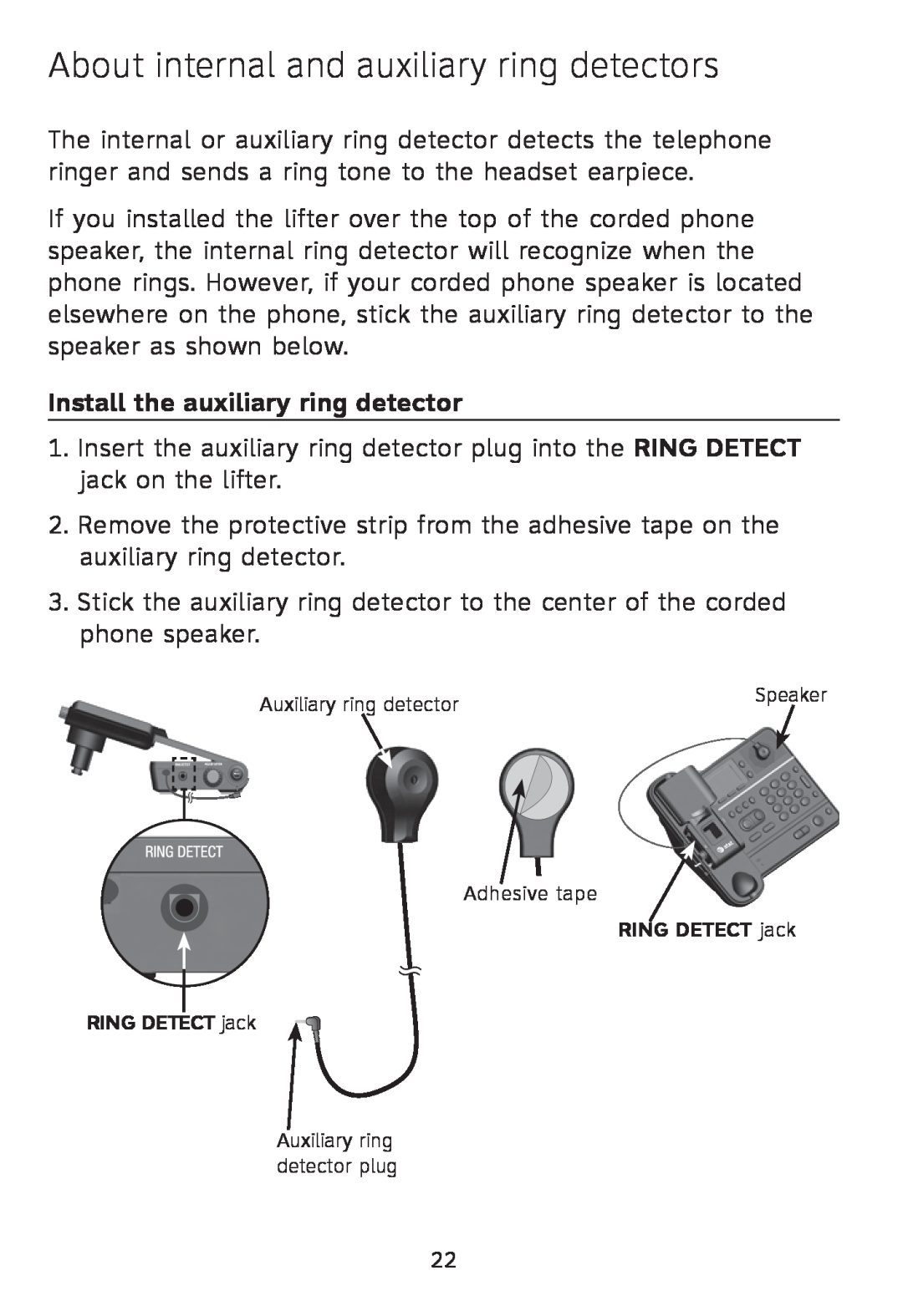 AT&T TL7612 quick start About internal and auxiliary ring detectors, Install the auxiliary ring detector 