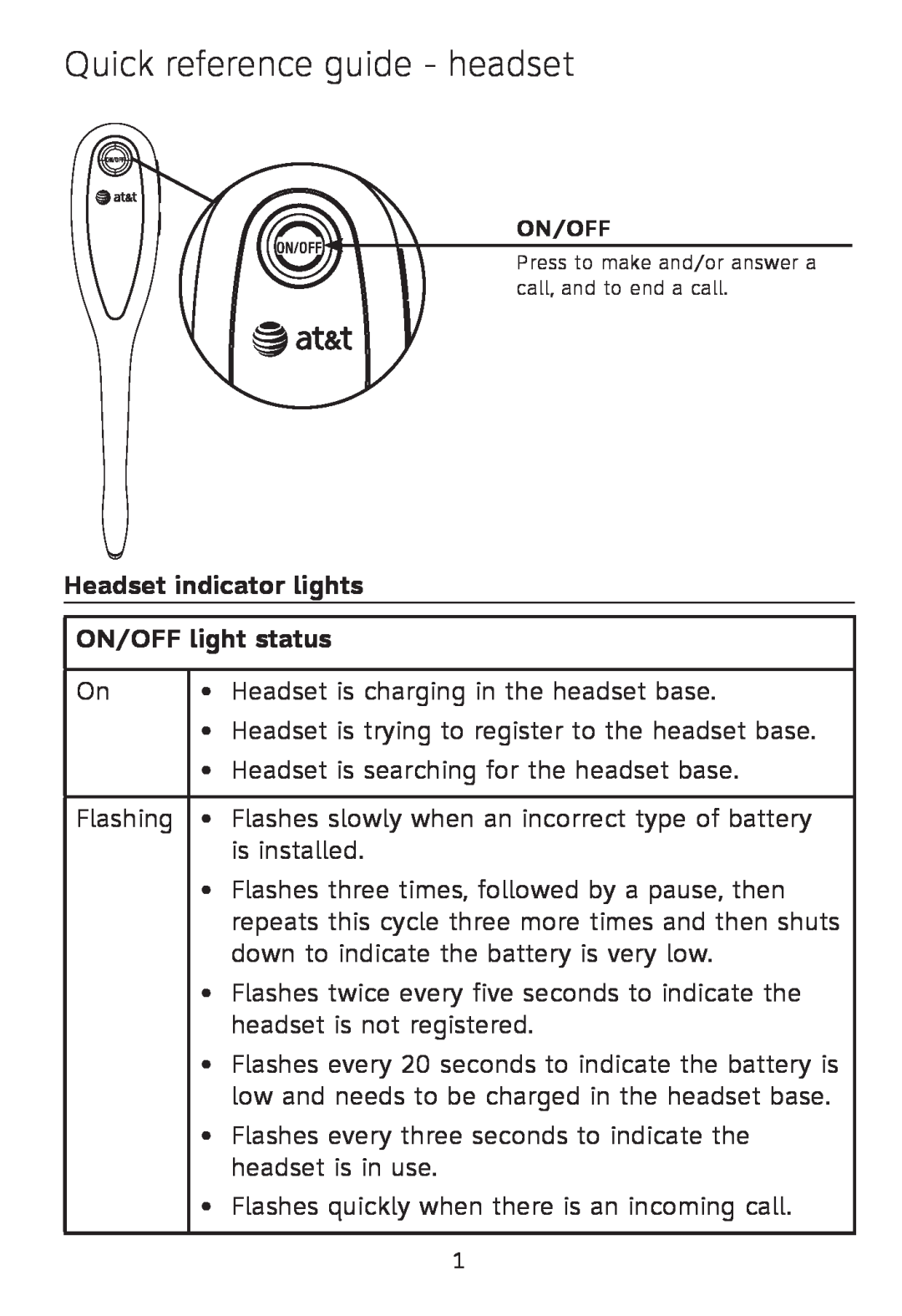 AT&T TL7612 quick start Quick reference guide - headset, Headset indicator lights ON/OFF light status 