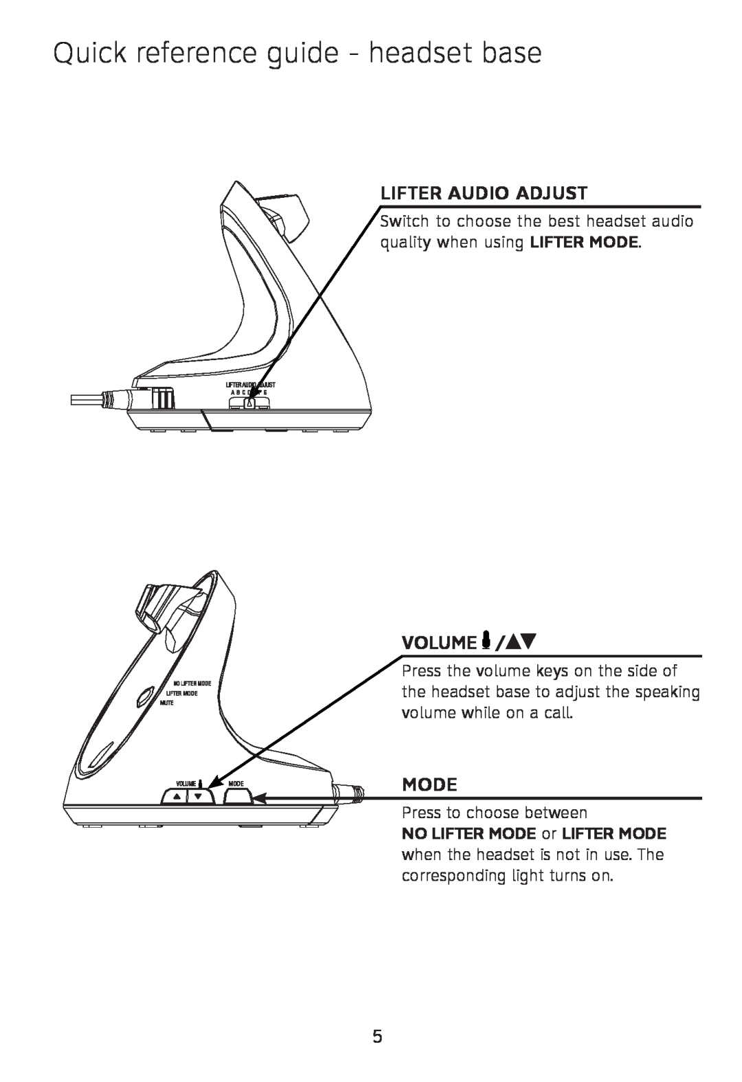 AT&T TL7612 quick start Quick reference guide - headset base, Lifter Audio Adjust, Volume, Mode, Press to choose between 
