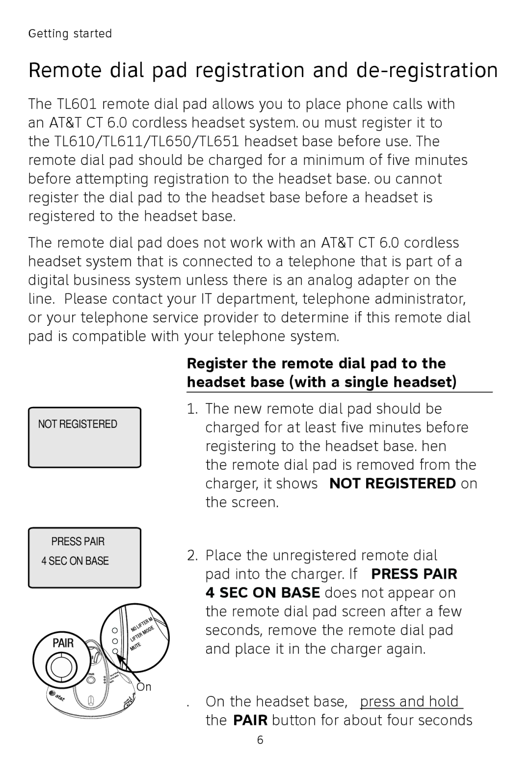 AT&T TL7650, TL7651, TL7601 user manual Remote dial pad registration and de-registration 