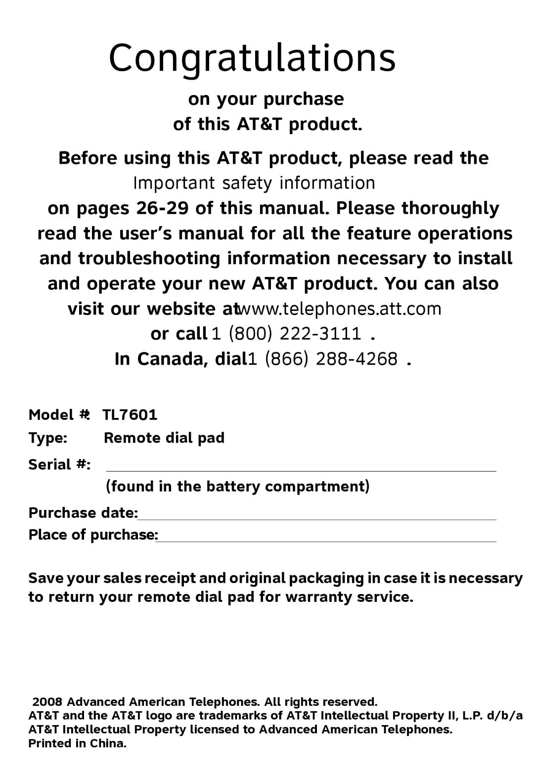 AT&T TL7650, TL7651, TL7601 user manual Congratulations 