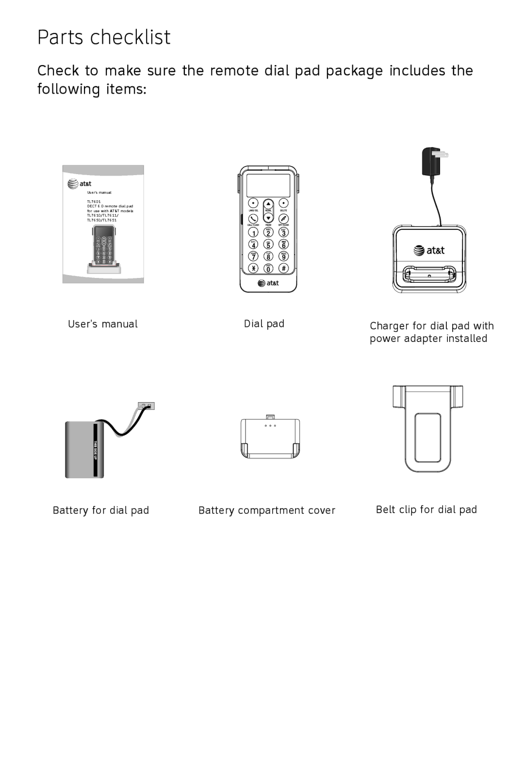 AT&T TL7651, TL7601, TL7650 user manual Parts checklist 