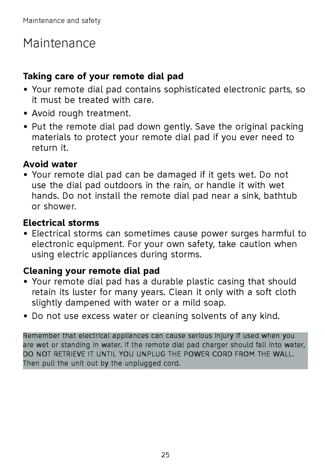 AT&T TL7651, TL7601, TL7650 user manual Maintenance, Taking care of your remote dial pad, Avoid water, Electrical storms 