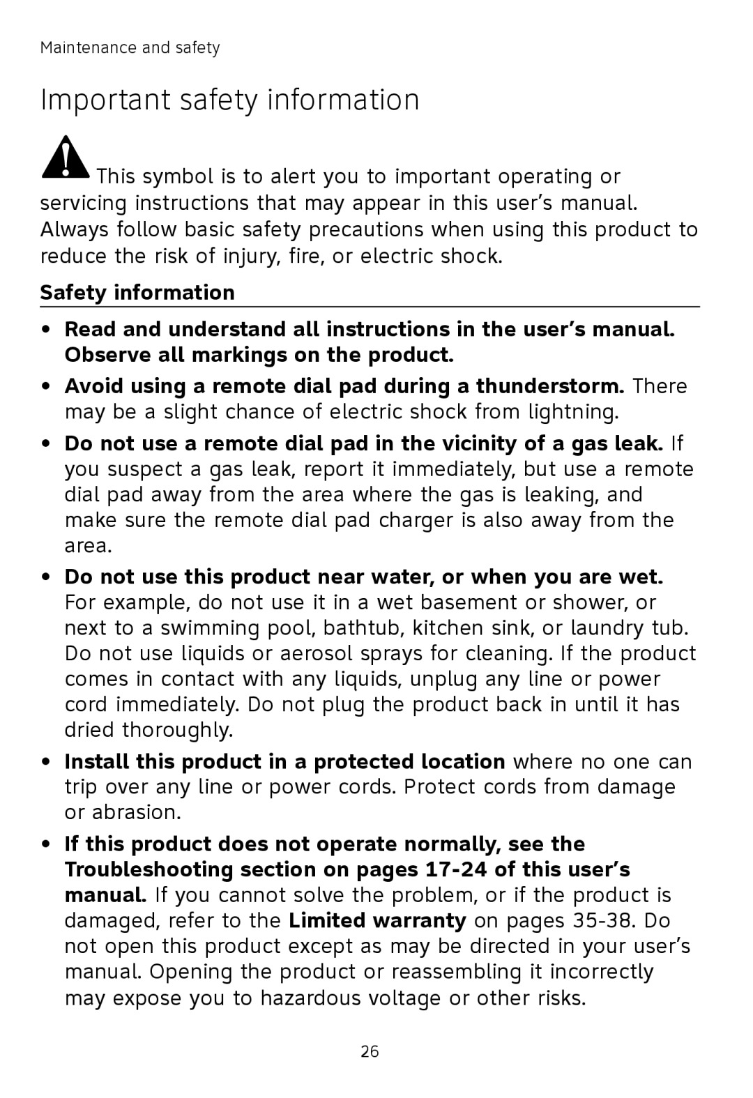 AT&T TL7601, TL7651, TL7650 user manual Important safety information 