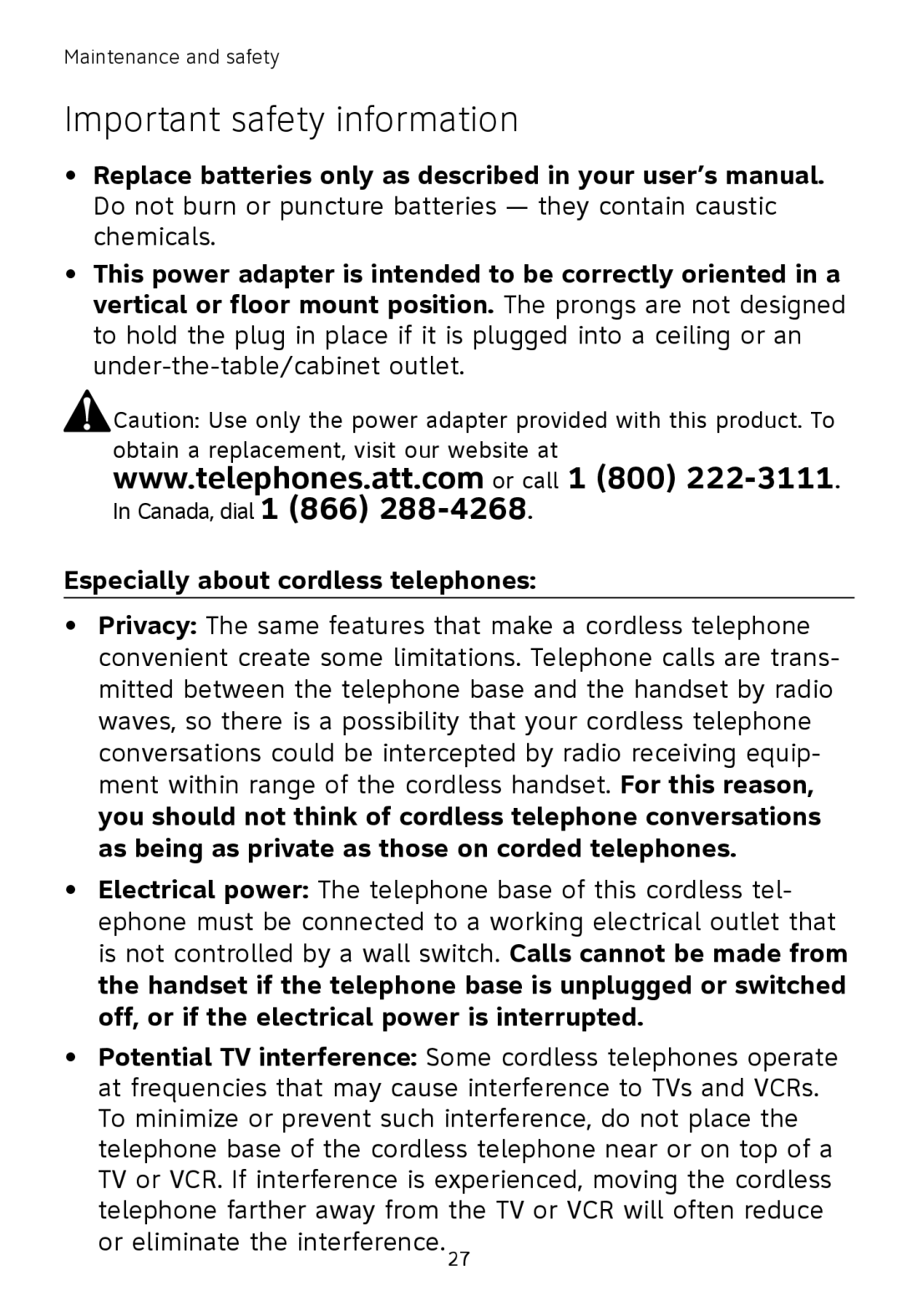 AT&T TL7650, TL7651, TL7601 user manual Important safety information 