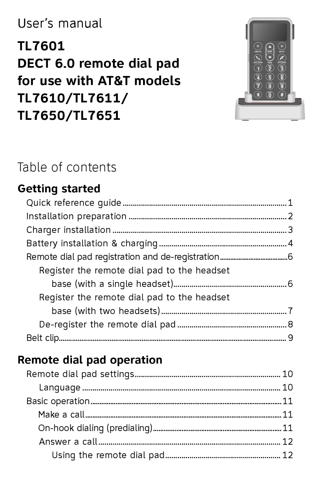 AT&T TL7601, TL7651, TL7650 user manual User’s manual, Table of contents 