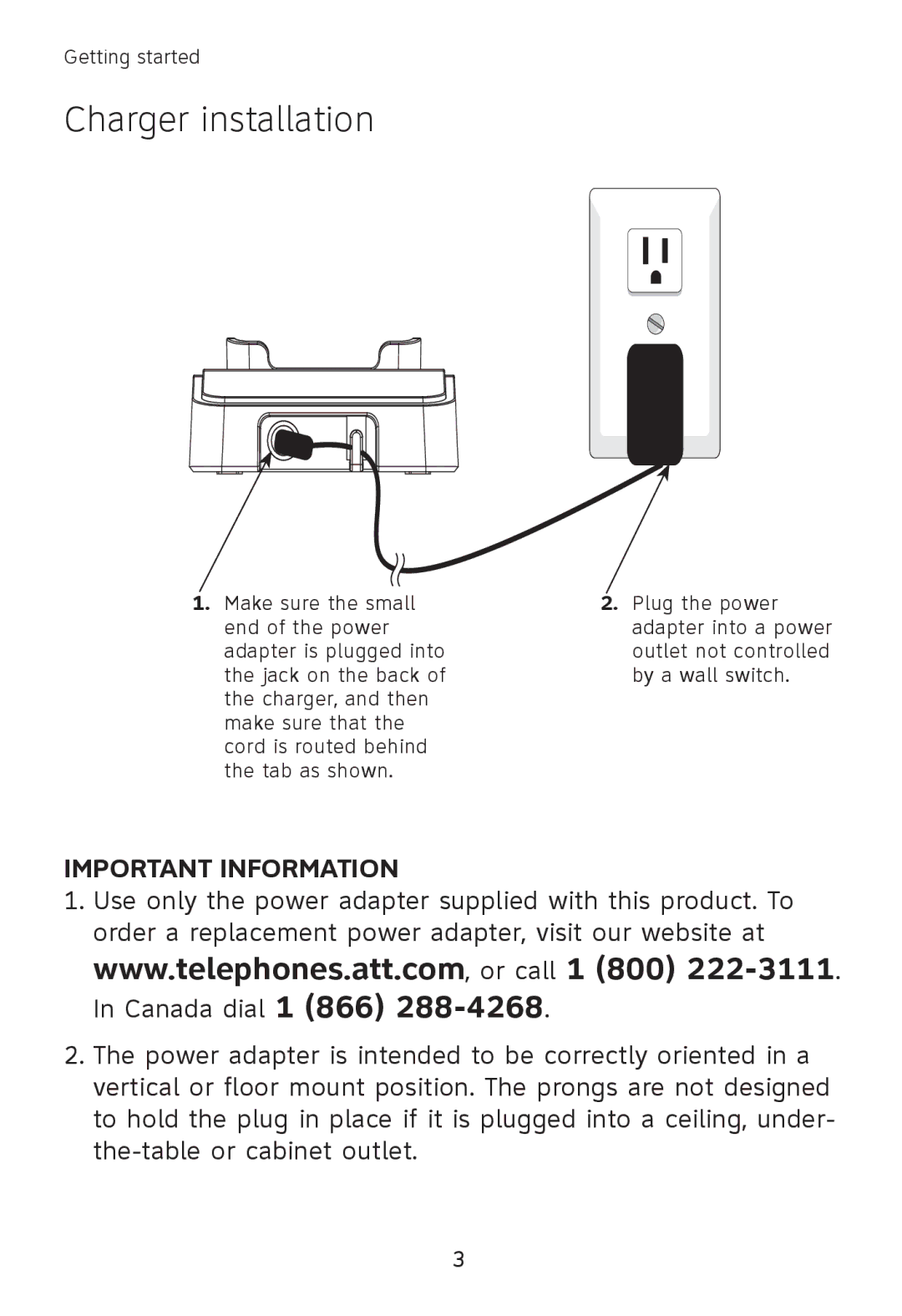 AT&T TL7650, TL7651, TL7601 user manual Charger installation, Important Information 