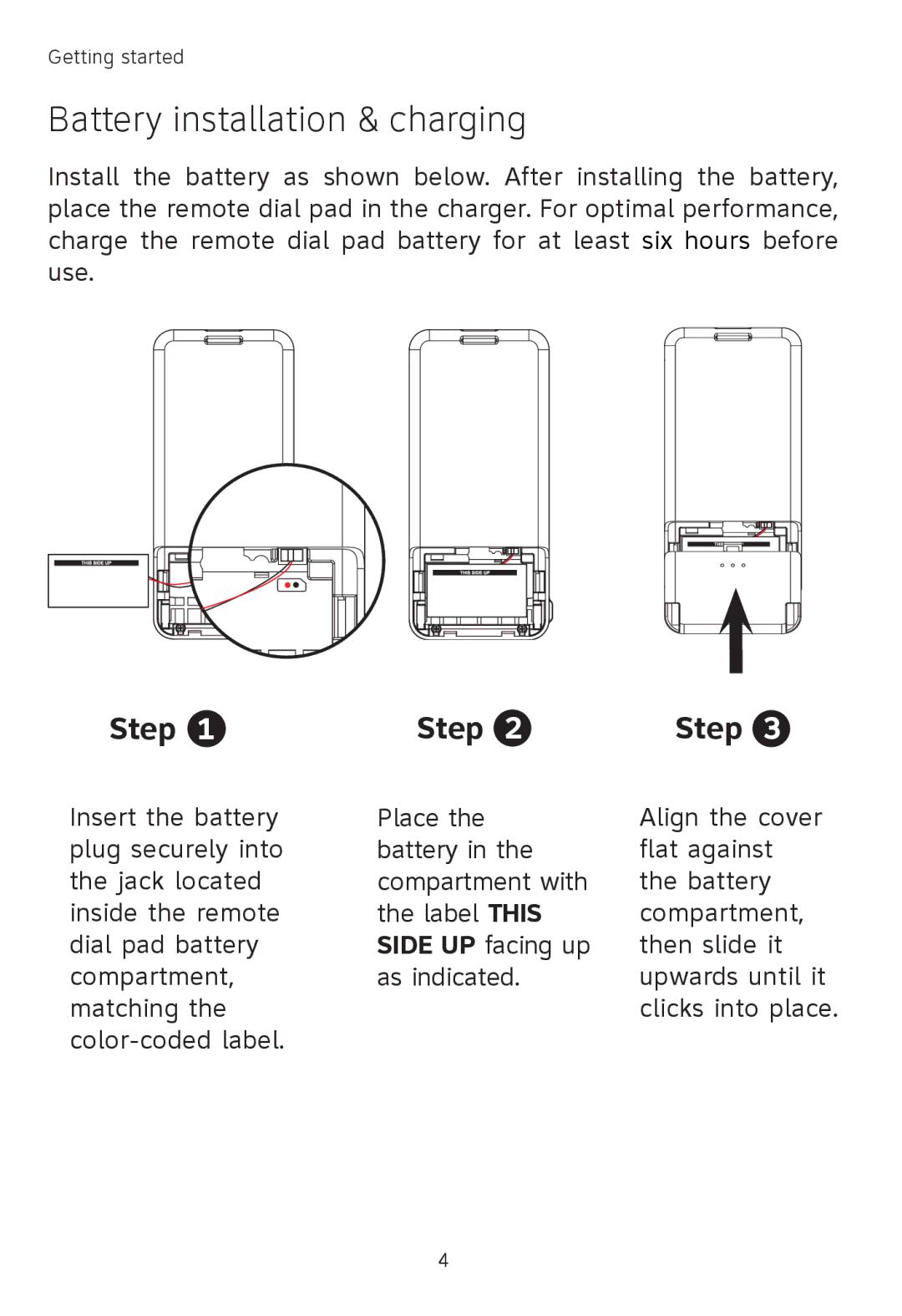 AT&T TL7651, TL7601, TL7650 user manual Battery installation & charging, Step 