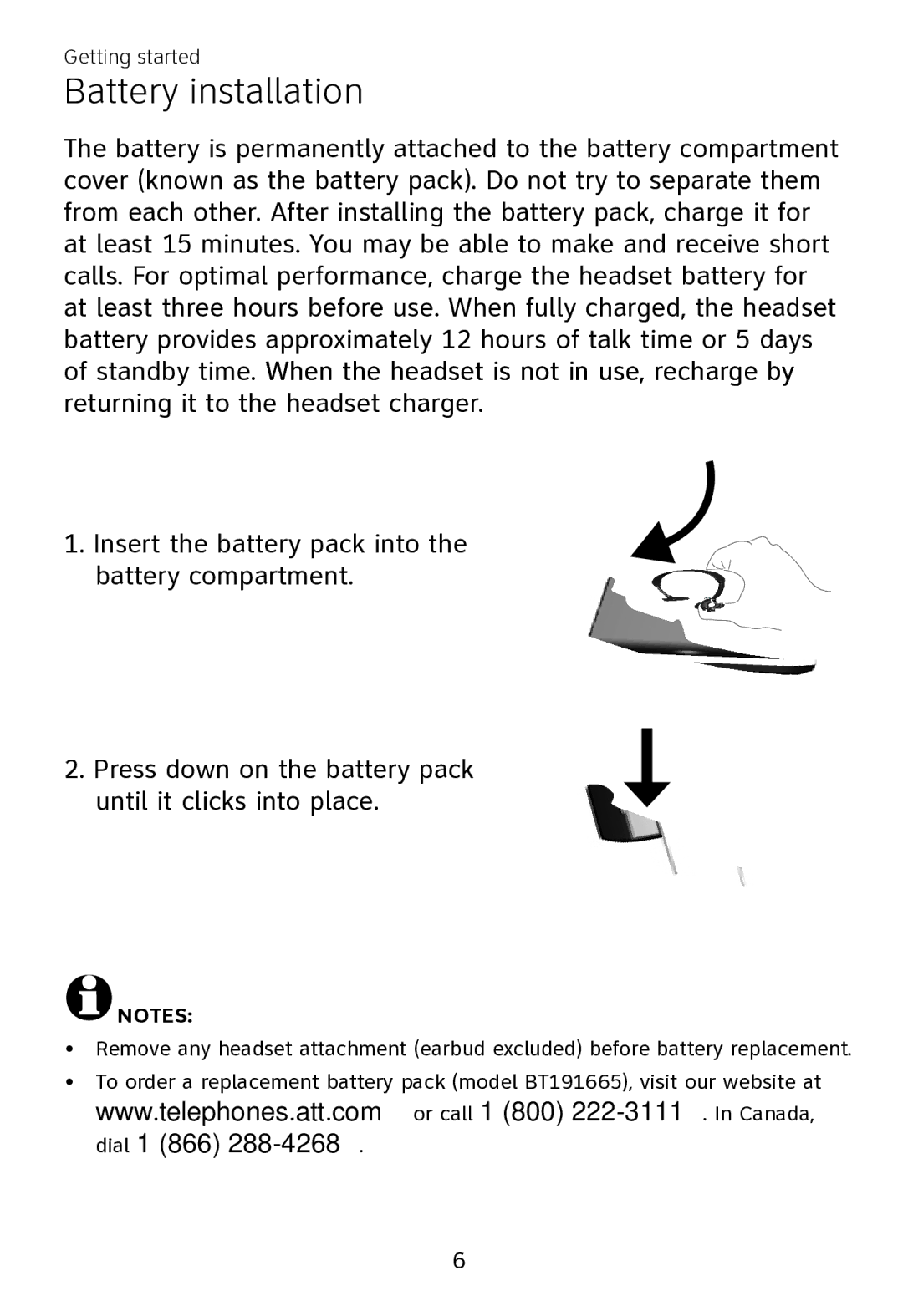 AT&T TL7700 user manual Battery installation 