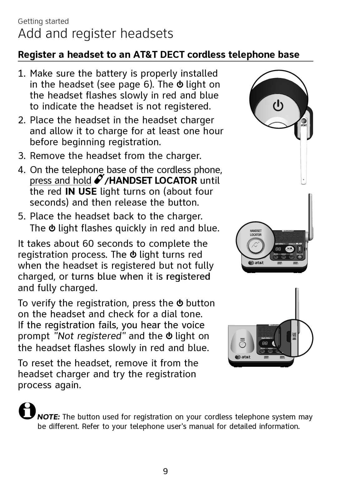 AT&T TL7700 user manual Register a headset to an AT&T Dect cordless telephone base 