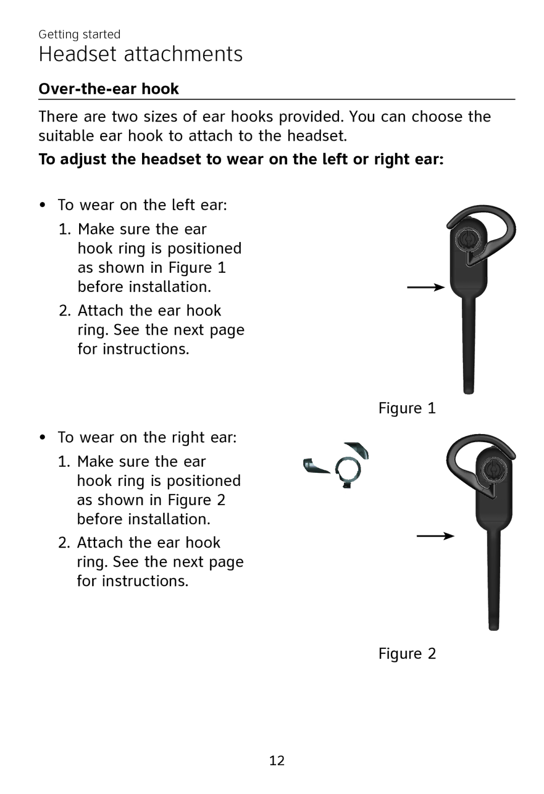 AT&T TL7700 user manual Over-the-ear hook, To adjust the headset to wear on the left or right ear 