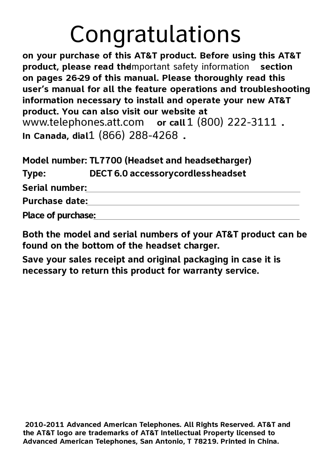 AT&T TL7700 user manual Congratulations 