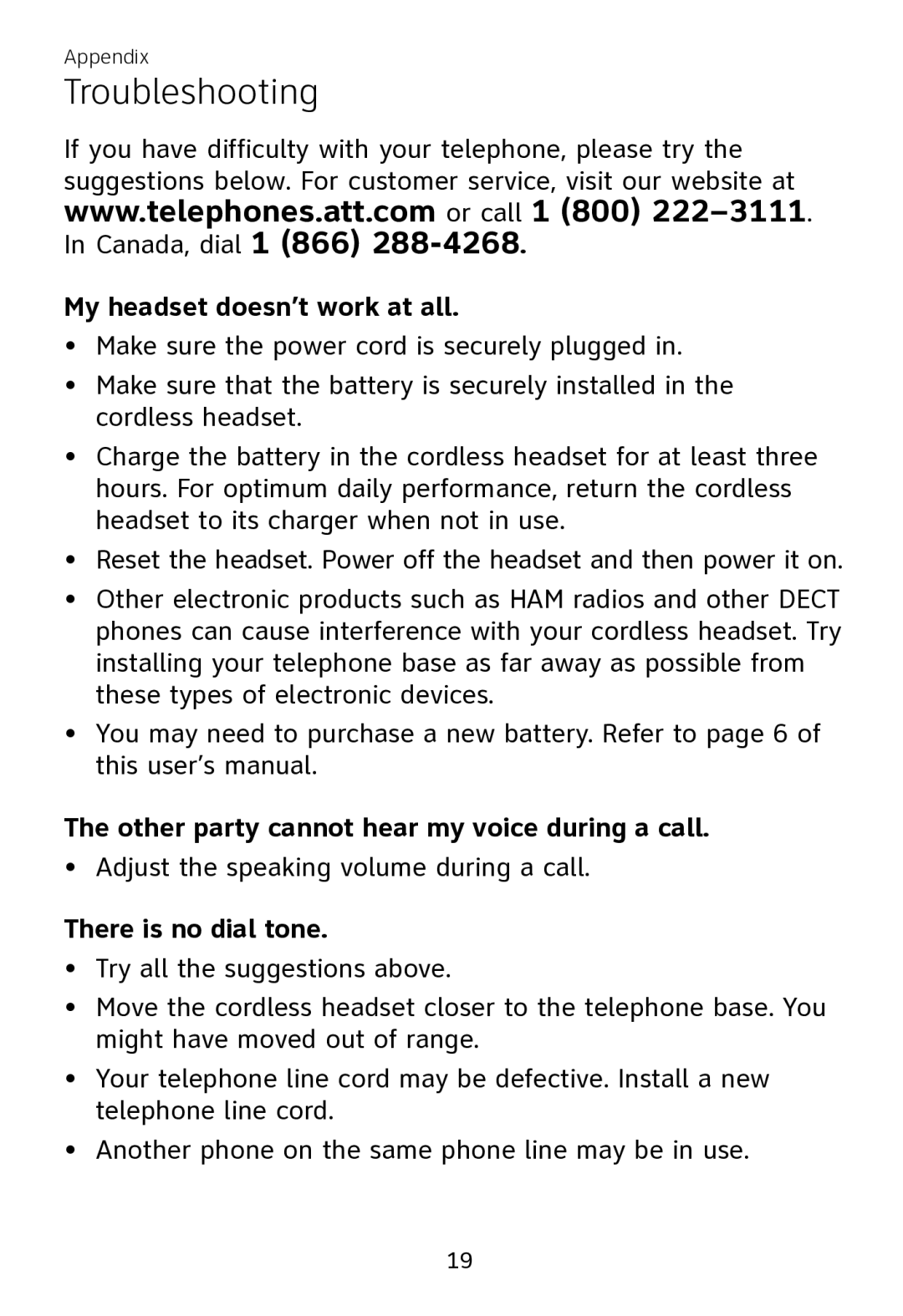 AT&T TL7700 user manual Troubleshooting, My headset doesn’t work at all, Other party cannot hear my voice during a call 