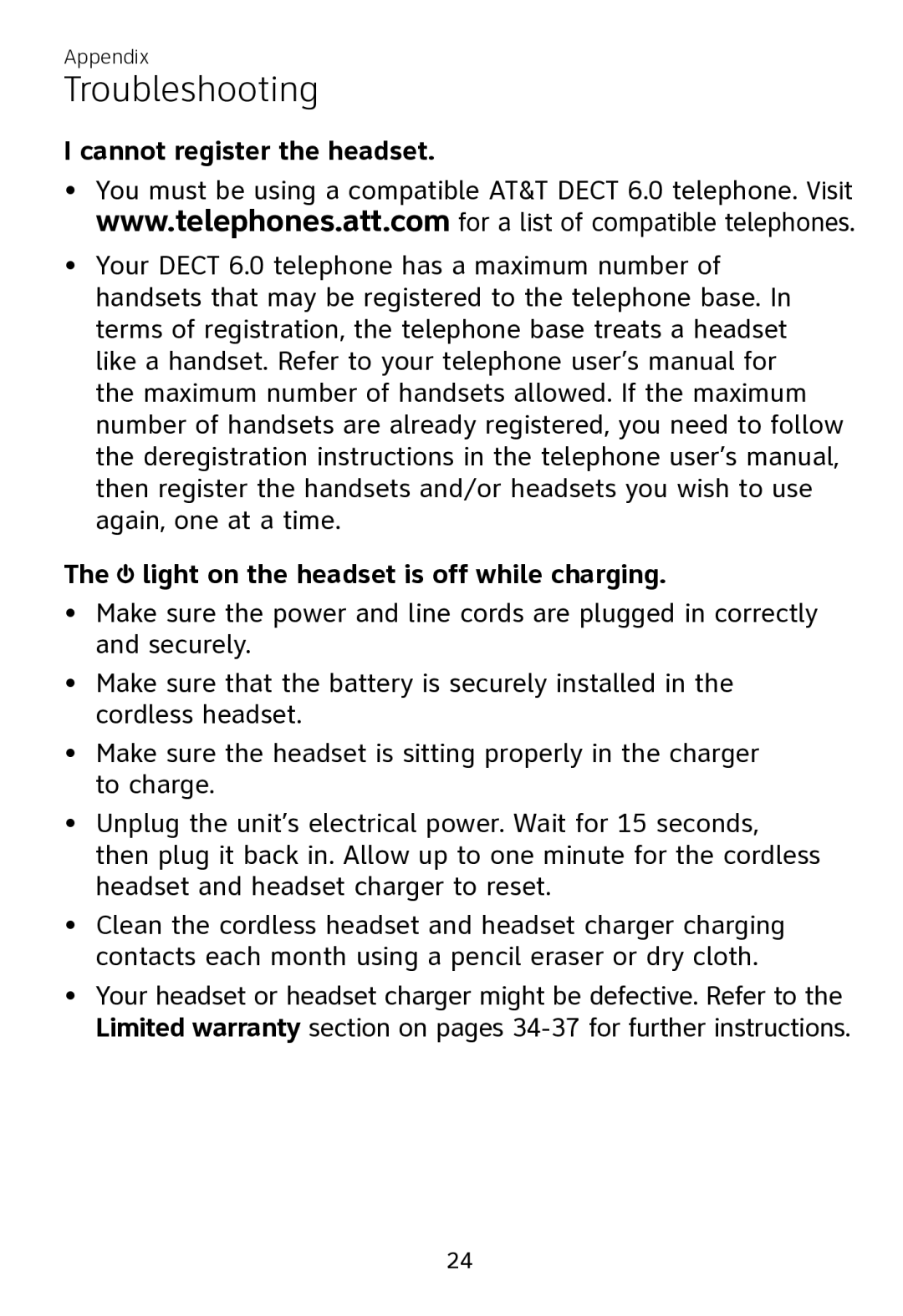 AT&T TL7700 user manual Cannot register the headset, Light on the headset is off while charging 