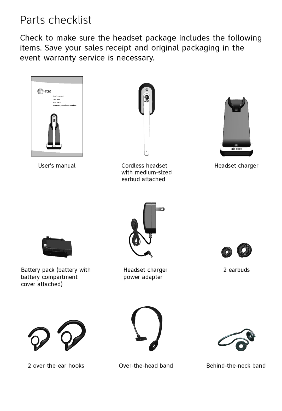 AT&T TL7700 user manual Parts checklist 