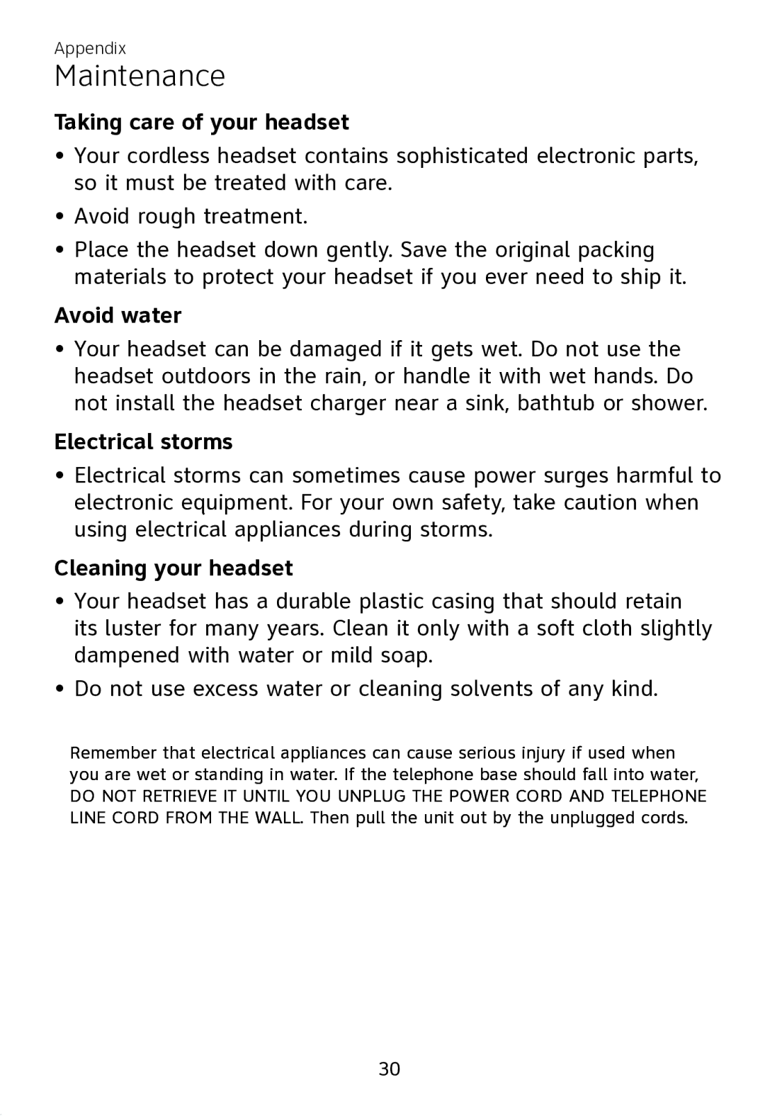 AT&T TL7700 user manual Maintenance, Taking care of your headset, Avoid water, Electrical storms, Cleaning your headset 