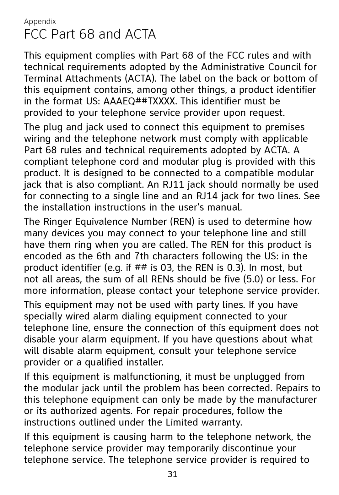 AT&T TL7700 user manual FCC Part 68 and Acta 