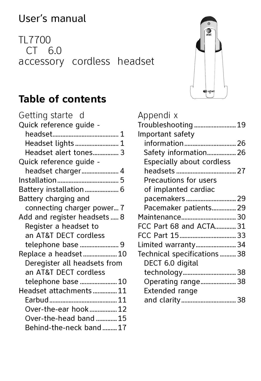 AT&T TL7700 user manual User’s manual, Table of contents 