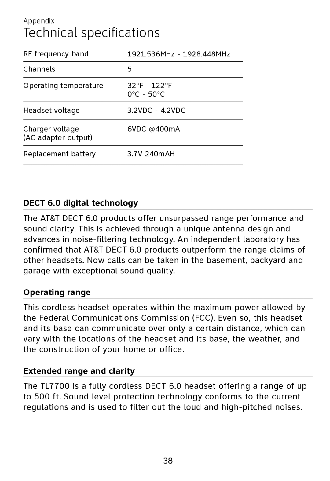 AT&T TL7700 user manual Technical specifications, Dect 6.0 digital technology 