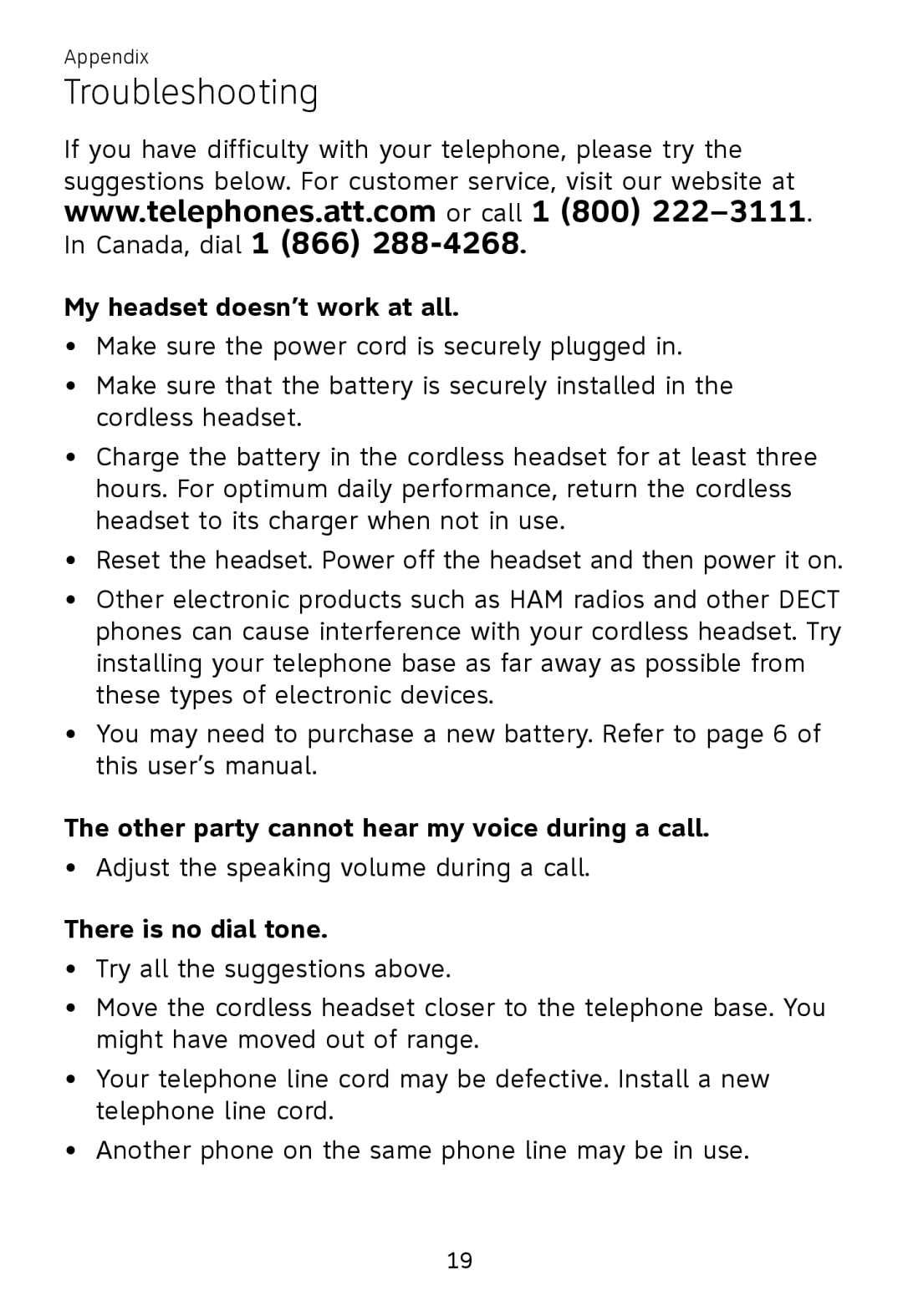 AT&T TL7700 user manual Troubleshooting, My headset doesn’t work at all, There is no dial tone 