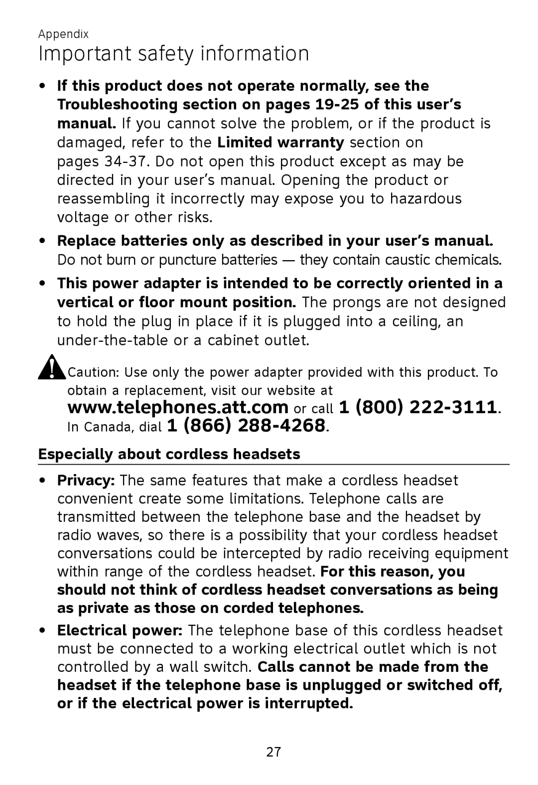 AT&T TL7700 user manual Especially about cordless headsets, Important safety information 