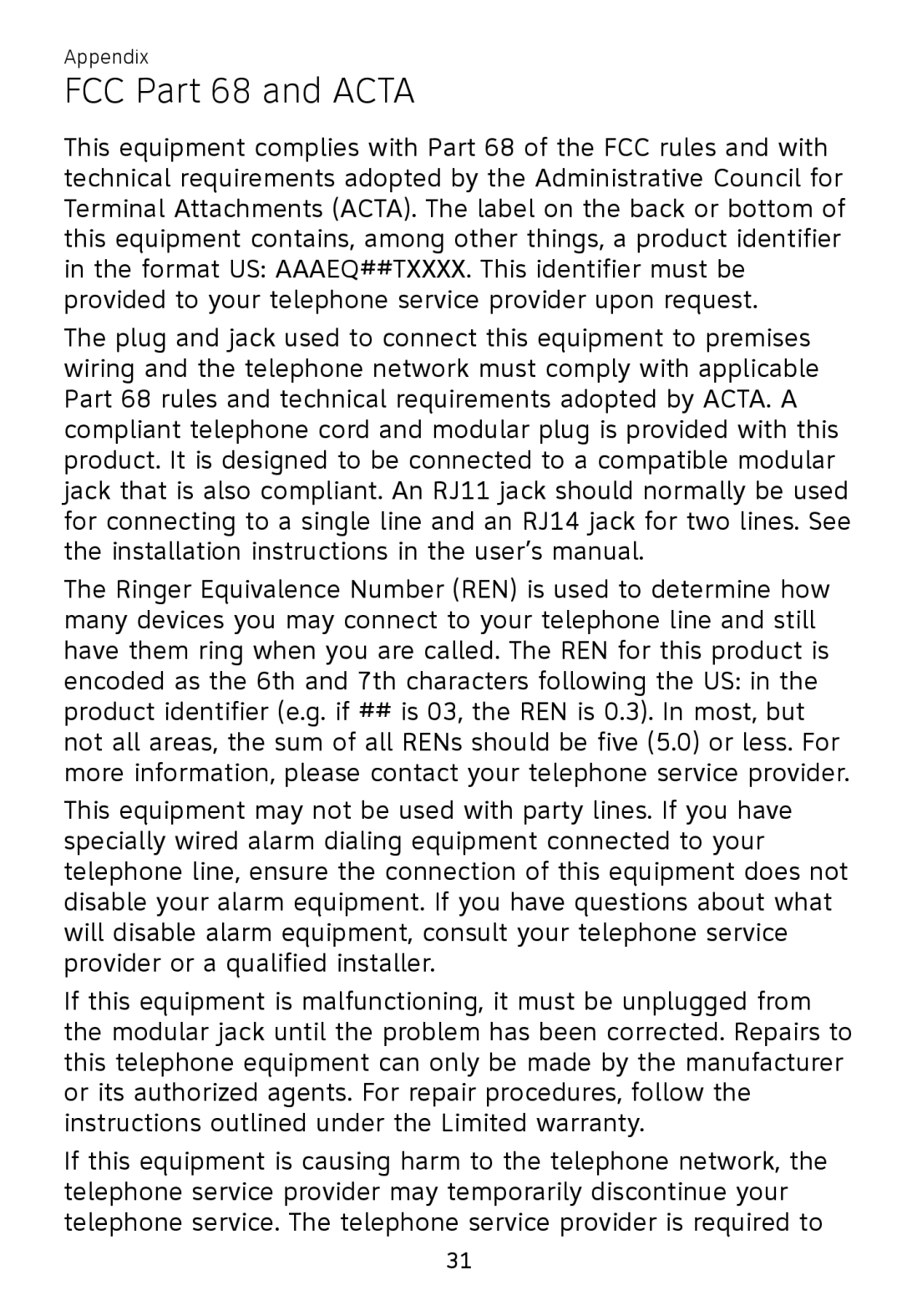 AT&T TL7700 user manual FCC Part 68 and ACTA 