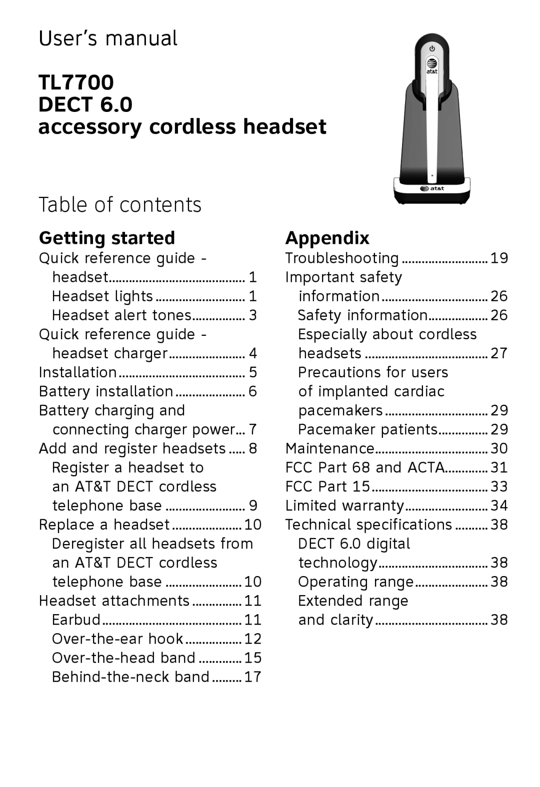 AT&T user manual Table of contents, Getting started, Appendix, TL7700 DECT accessory cordless headset 