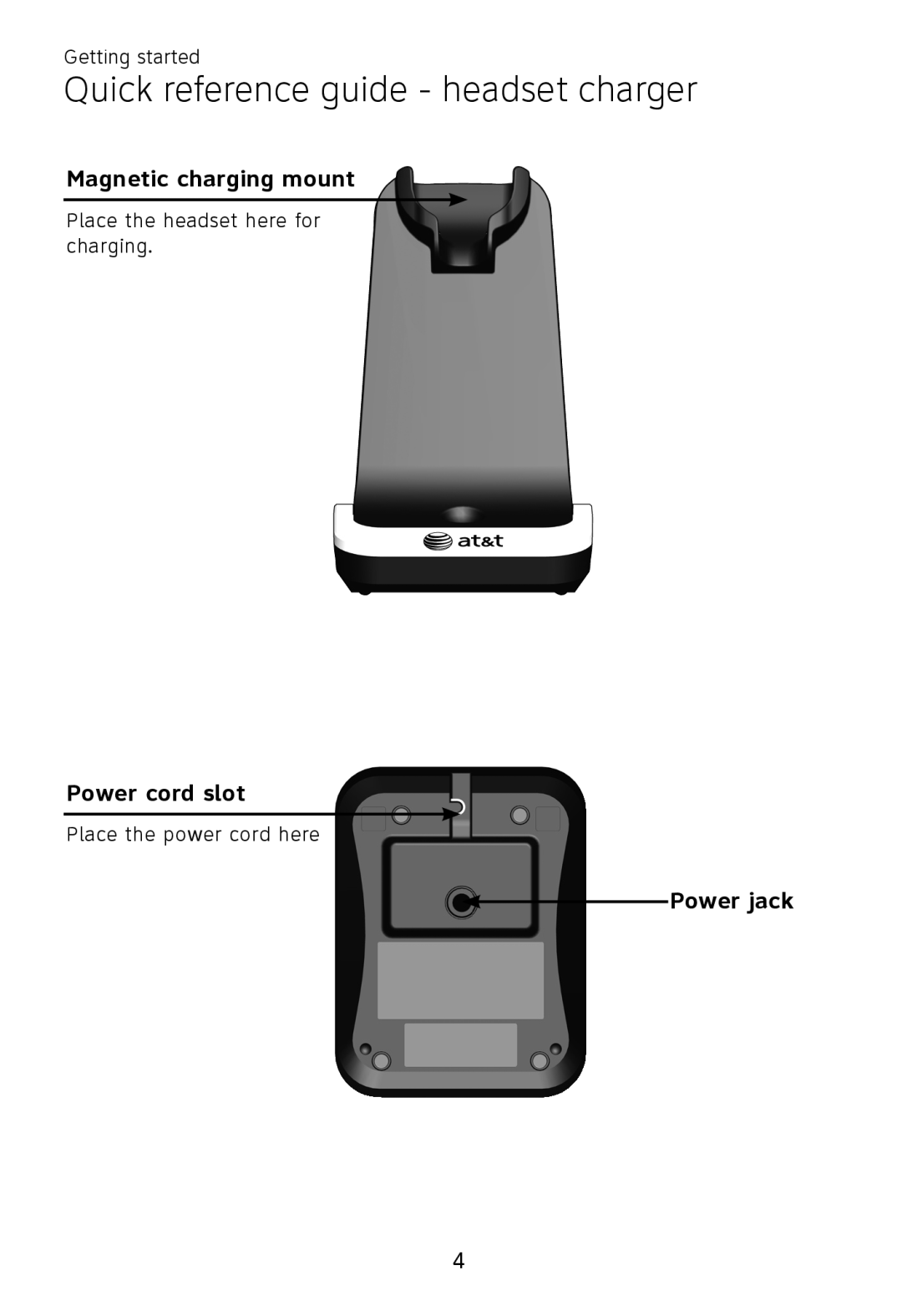 AT&T TL7700 user manual Quick reference guide - headset charger, Magnetic charging mount, Power cord slot, Power jack 