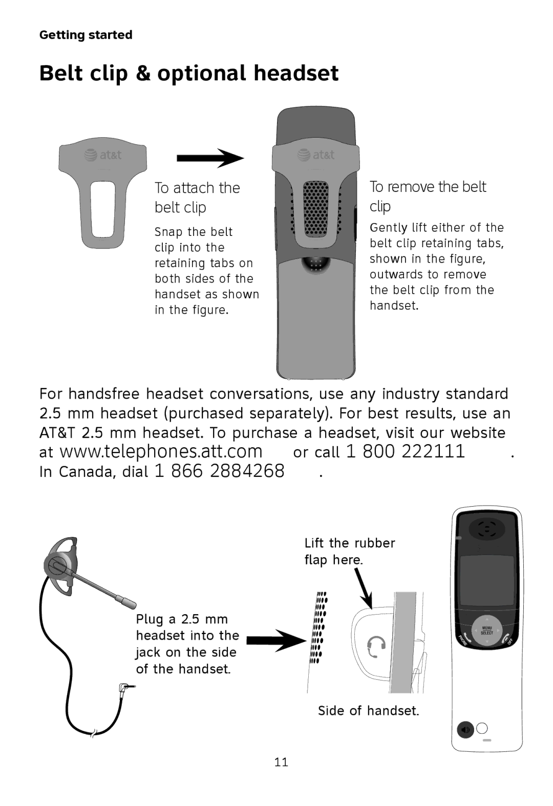 AT&T TL77008 user manual Belt clip & optional headset, To attach the belt clip, To remove the belt clip 