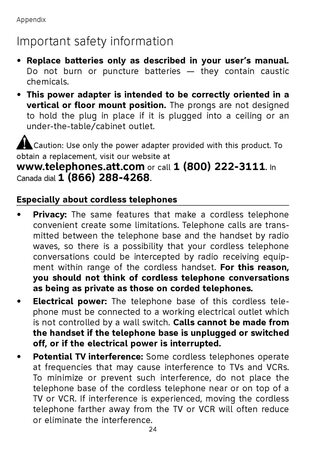 AT&T TL77008 user manual Important safety information 