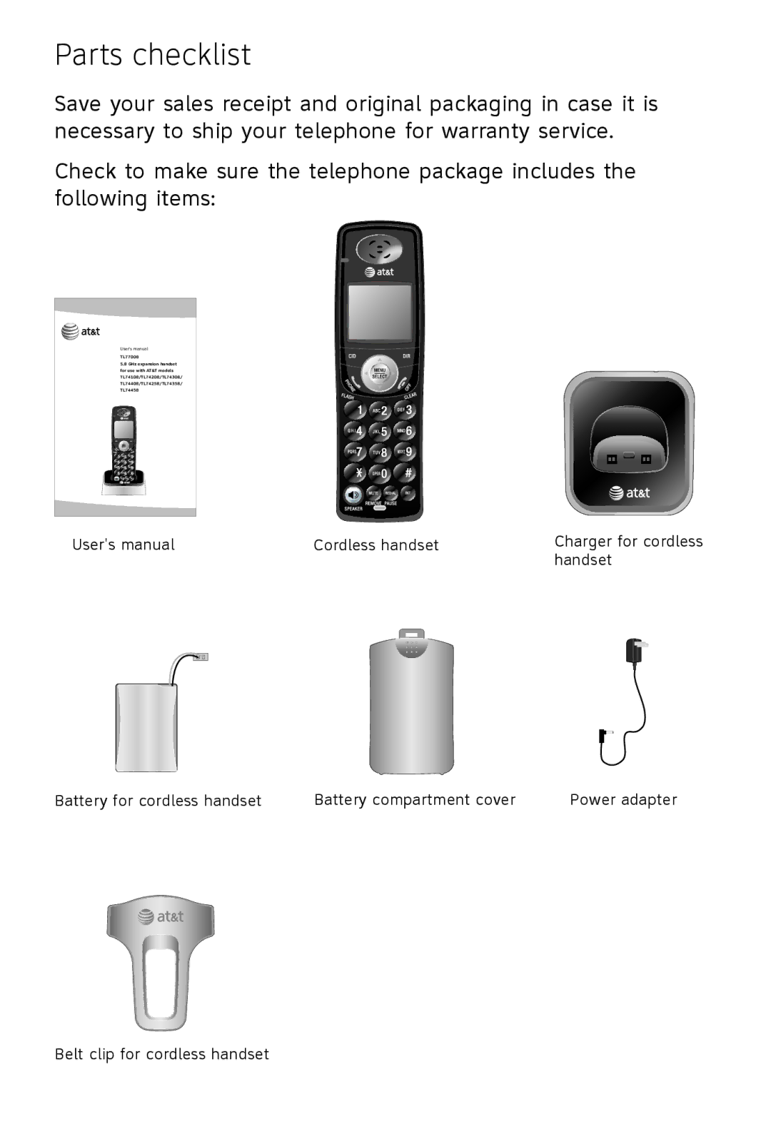 AT&T TL77008 user manual Parts checklist 