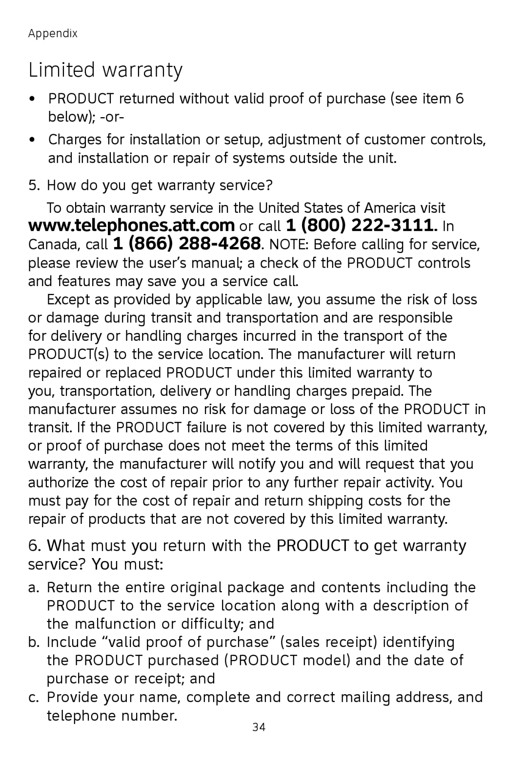 AT&T TL77008 user manual Limited warranty 