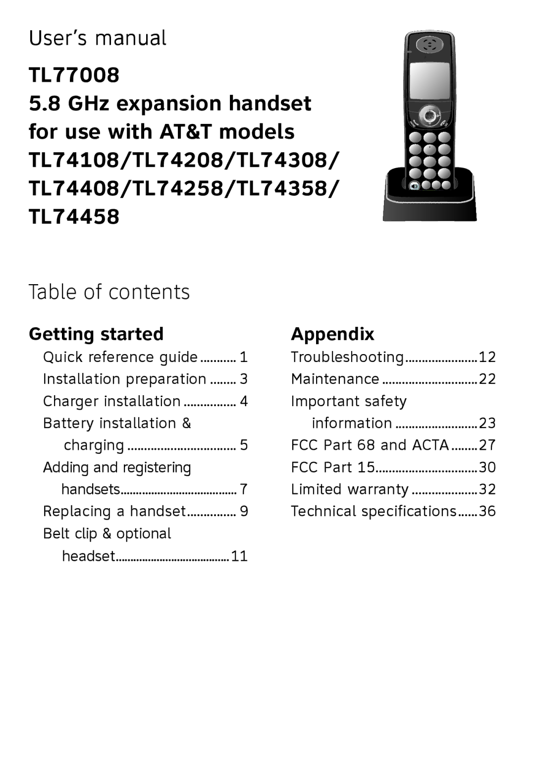 AT&T TL77008 user manual User’s manual, Table of contents 