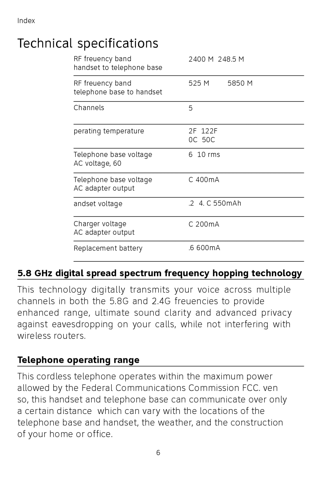 AT&T TL77008 Technical specifications, GHz digital spread spectrum frequency hopping technology, Telephone operating range 