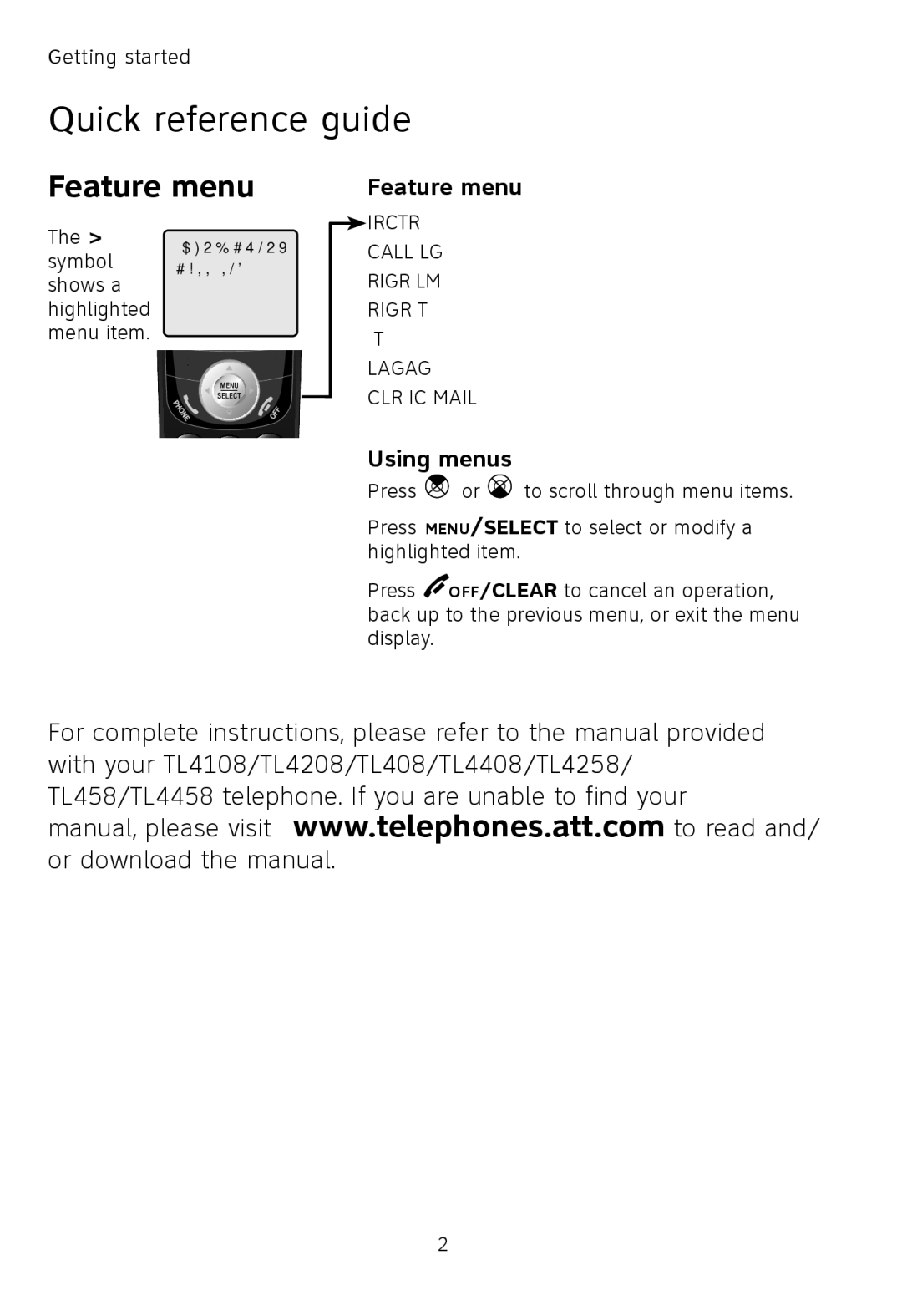 AT&T TL77008 user manual Feature menu 