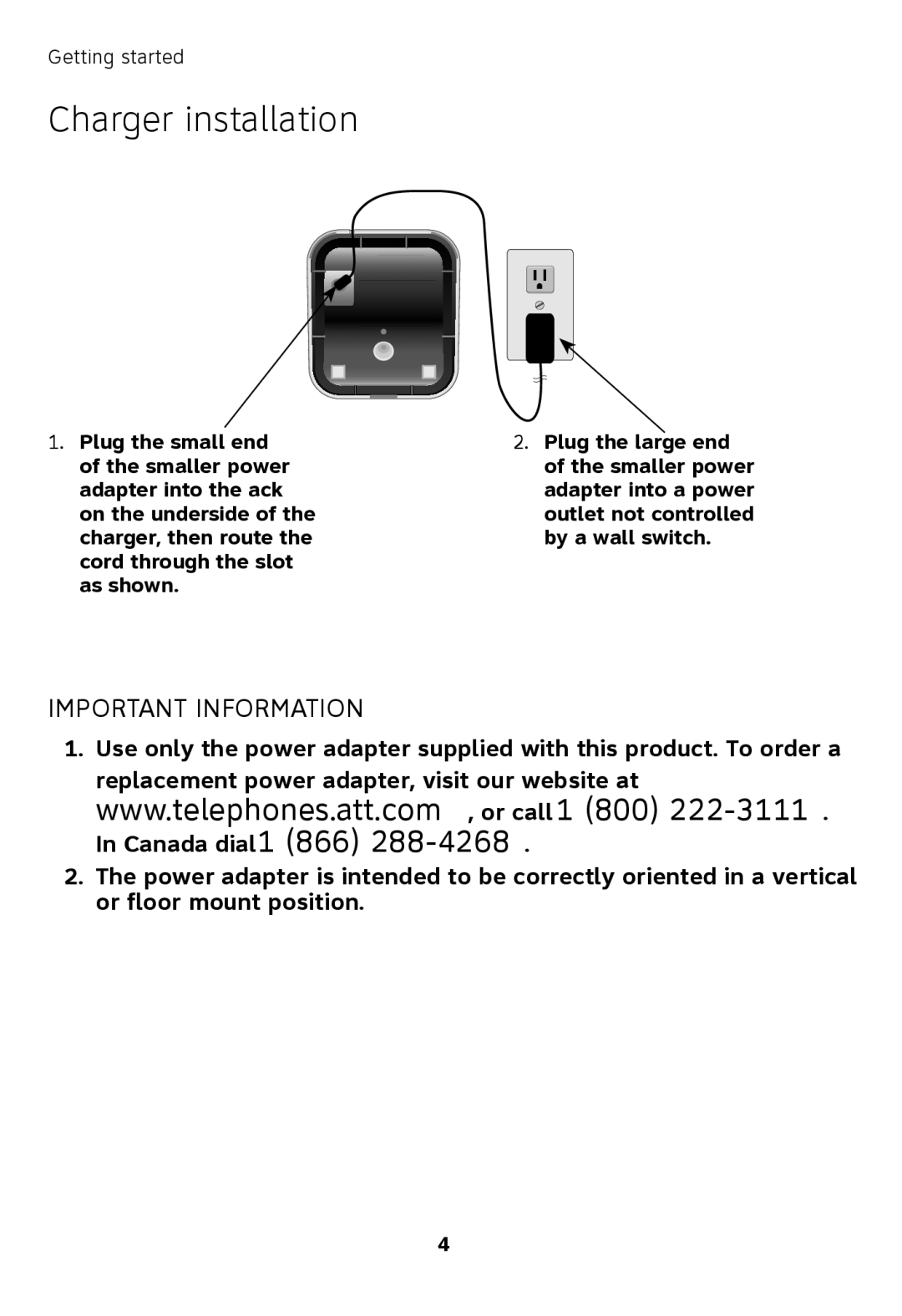 AT&T TL77008 user manual Charger installation, Important Information 