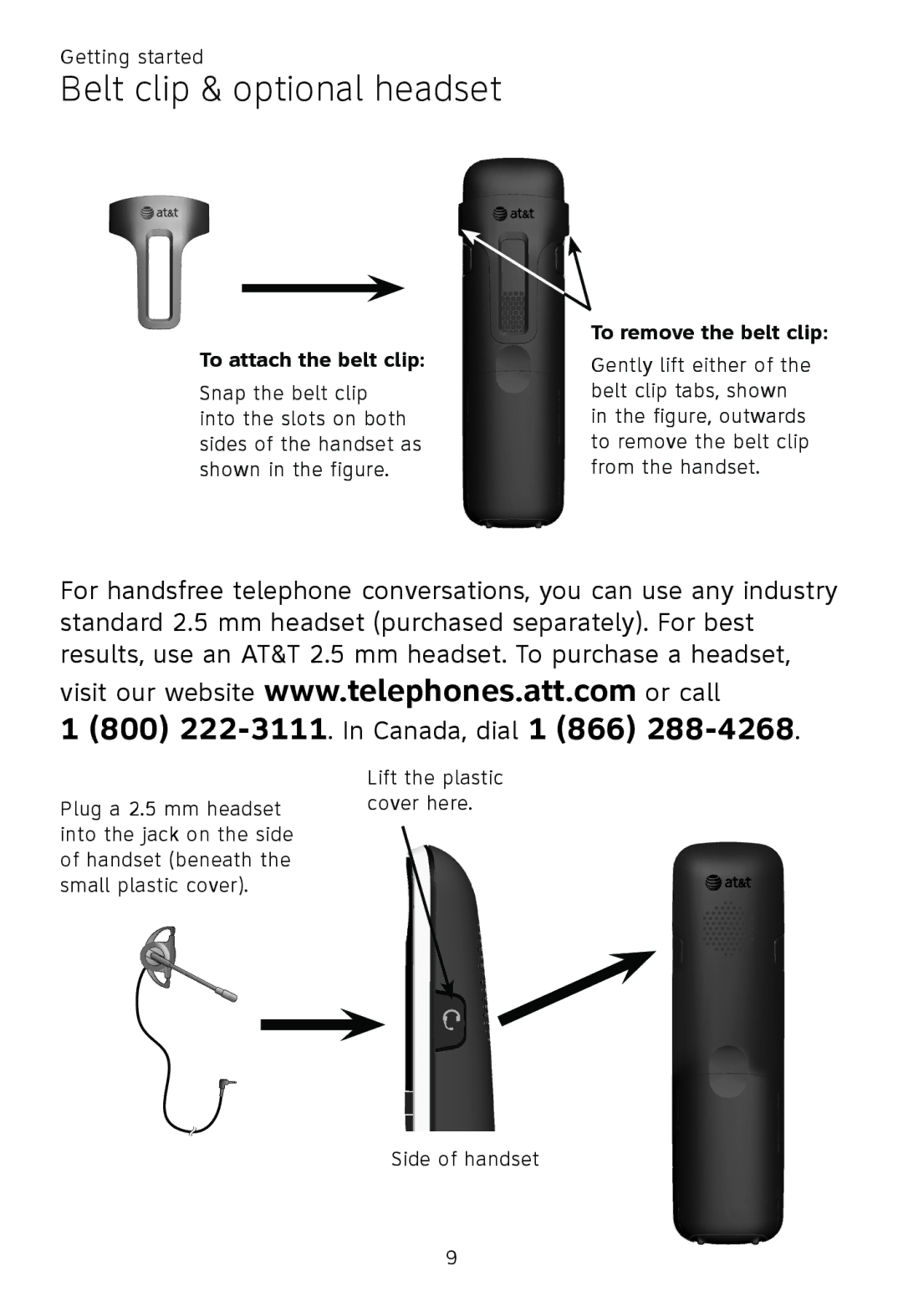 AT&T TL86009, TL86109, TL 86009 user manual Belt clip & optional headset, To attach the belt clip, To remove the belt clip 